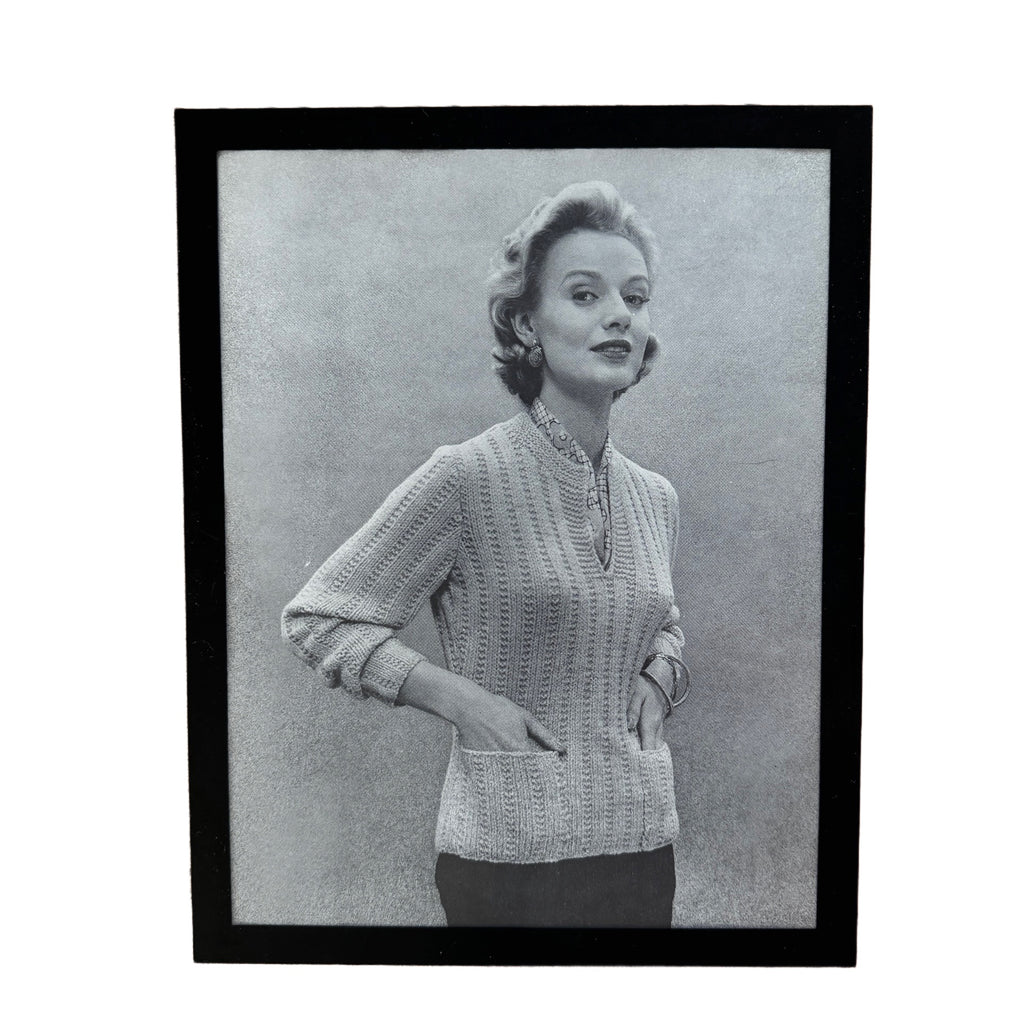 Vintage 1950s Fashion Model V-Neck Sweater Black and White Photo Print