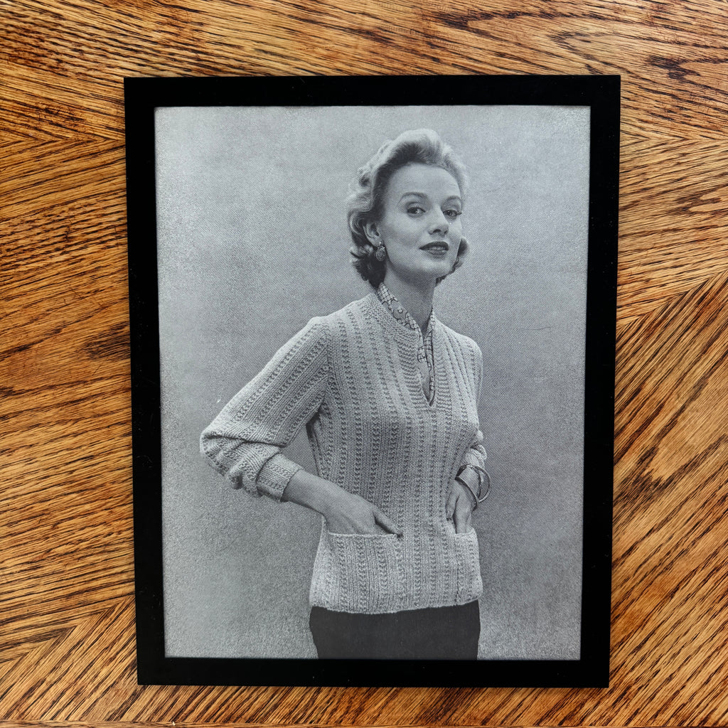 Vintage 1950s Fashion Model V-Neck Sweater Black and White Photo Print - detail view