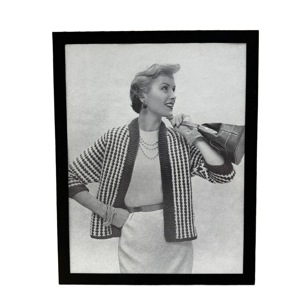 Vintage 1950s Fashion Model Houndstooth Jacket Black and White Photo Print