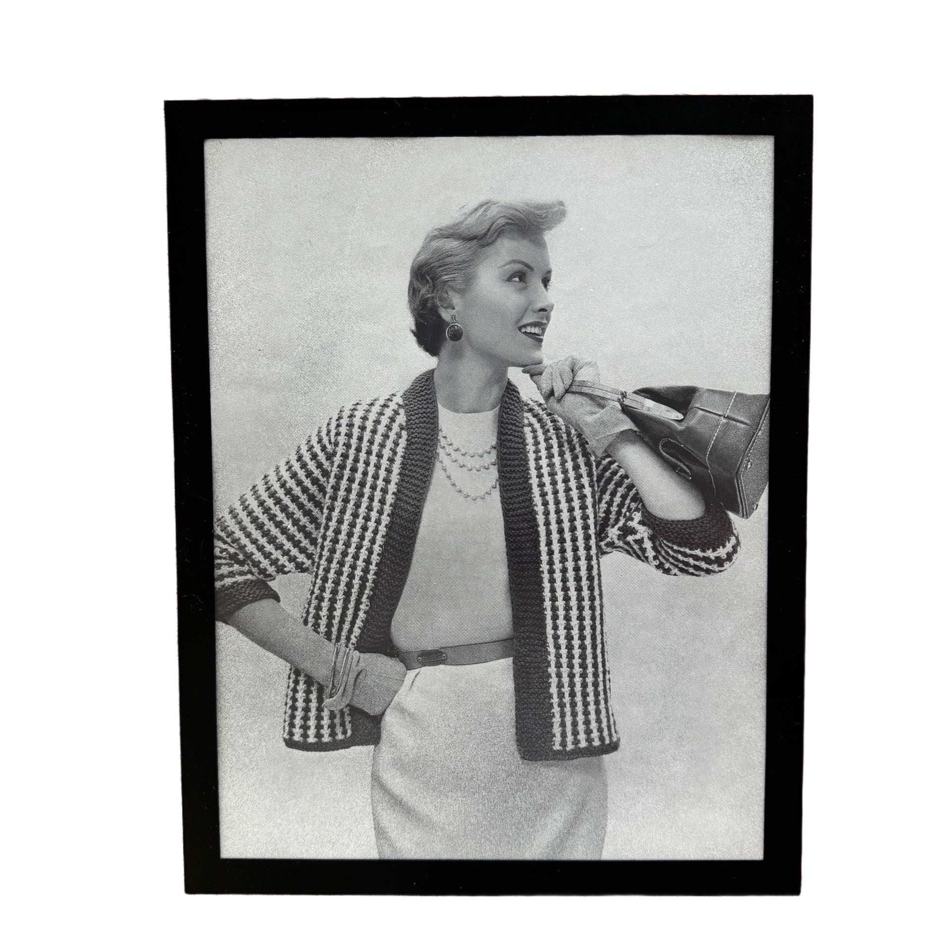 Vintage 1950s Fashion Model Houndstooth Jacket Black and White Photo Print