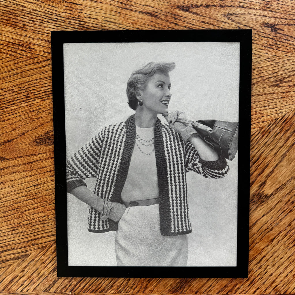 Vintage 1950s Fashion Model Houndstooth Jacket Black and White Photo Print - detail view