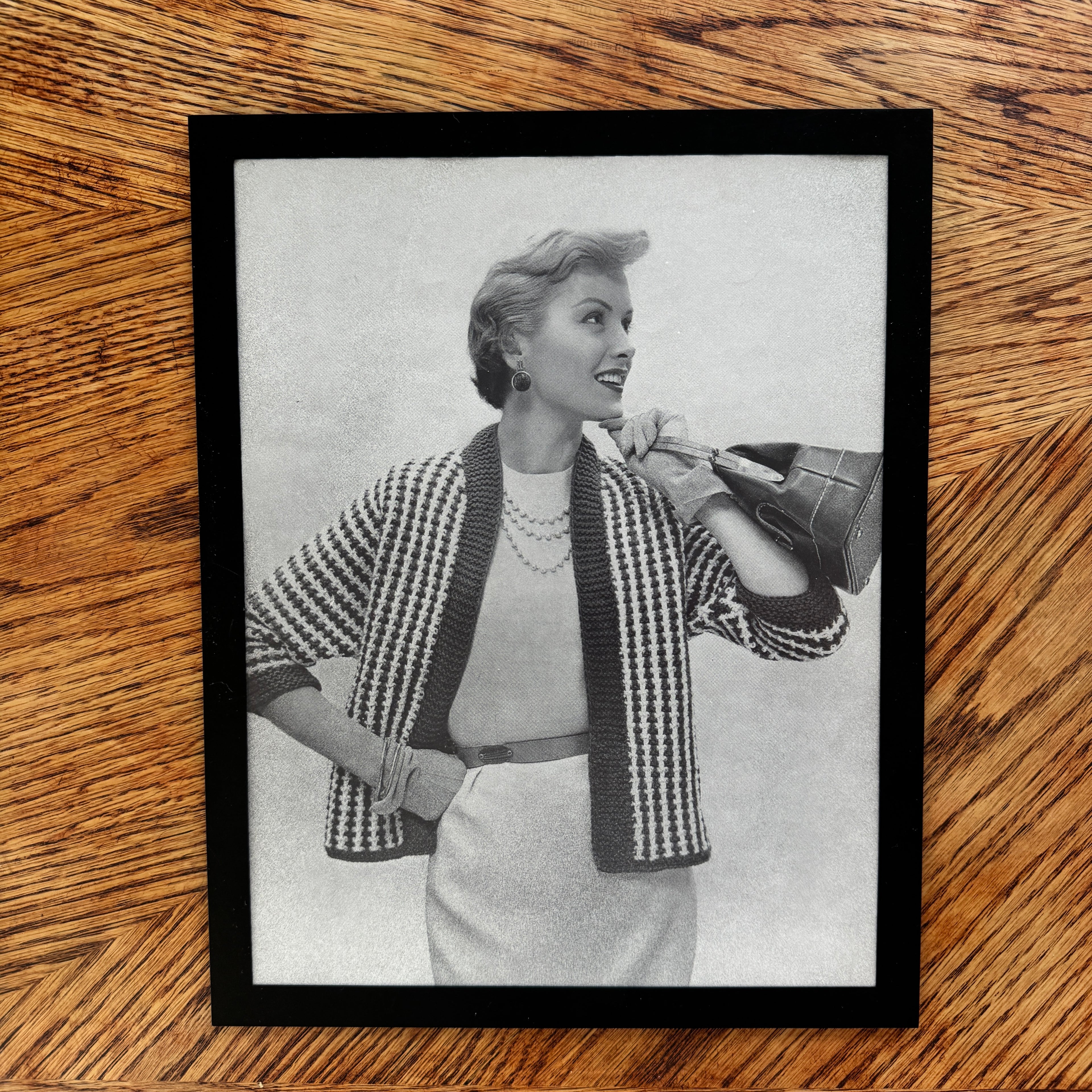 Vintage 1950s Fashion Model Houndstooth Jacket Black and White Photo Print - detail view