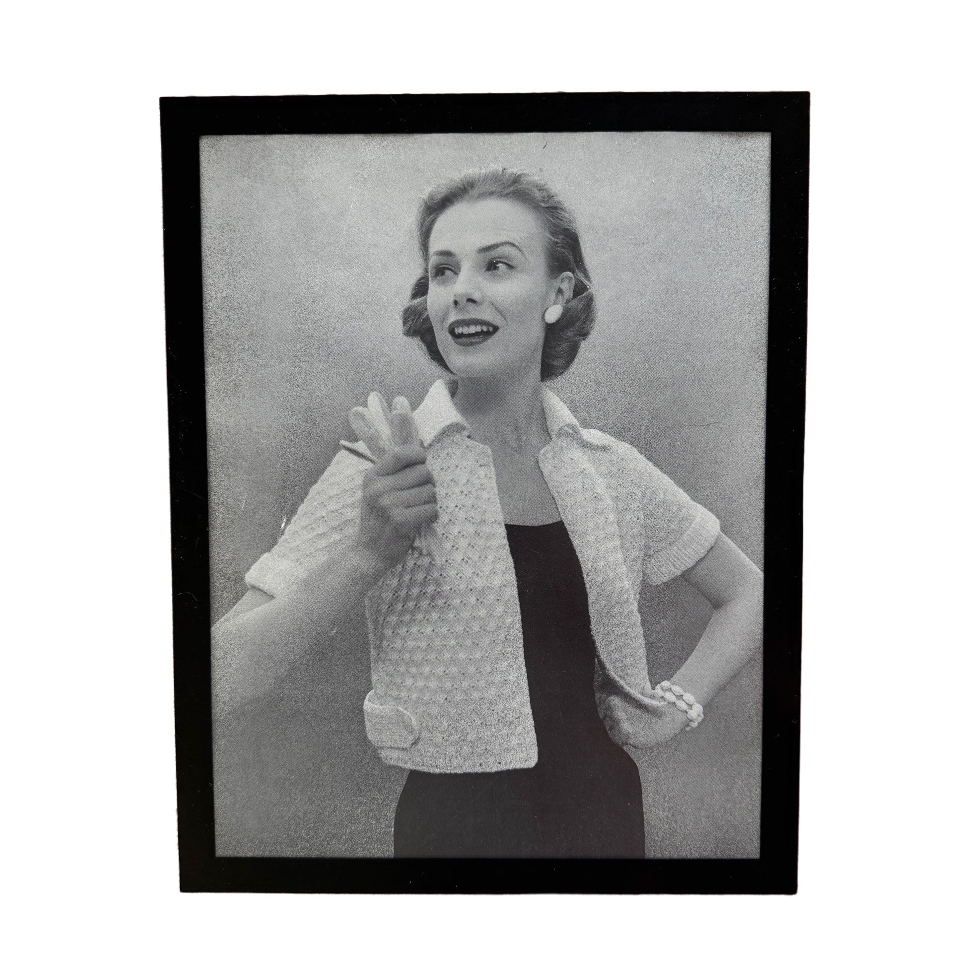 Vintage 1950s Fashion Model Knit Shrug Black and White Photo Print