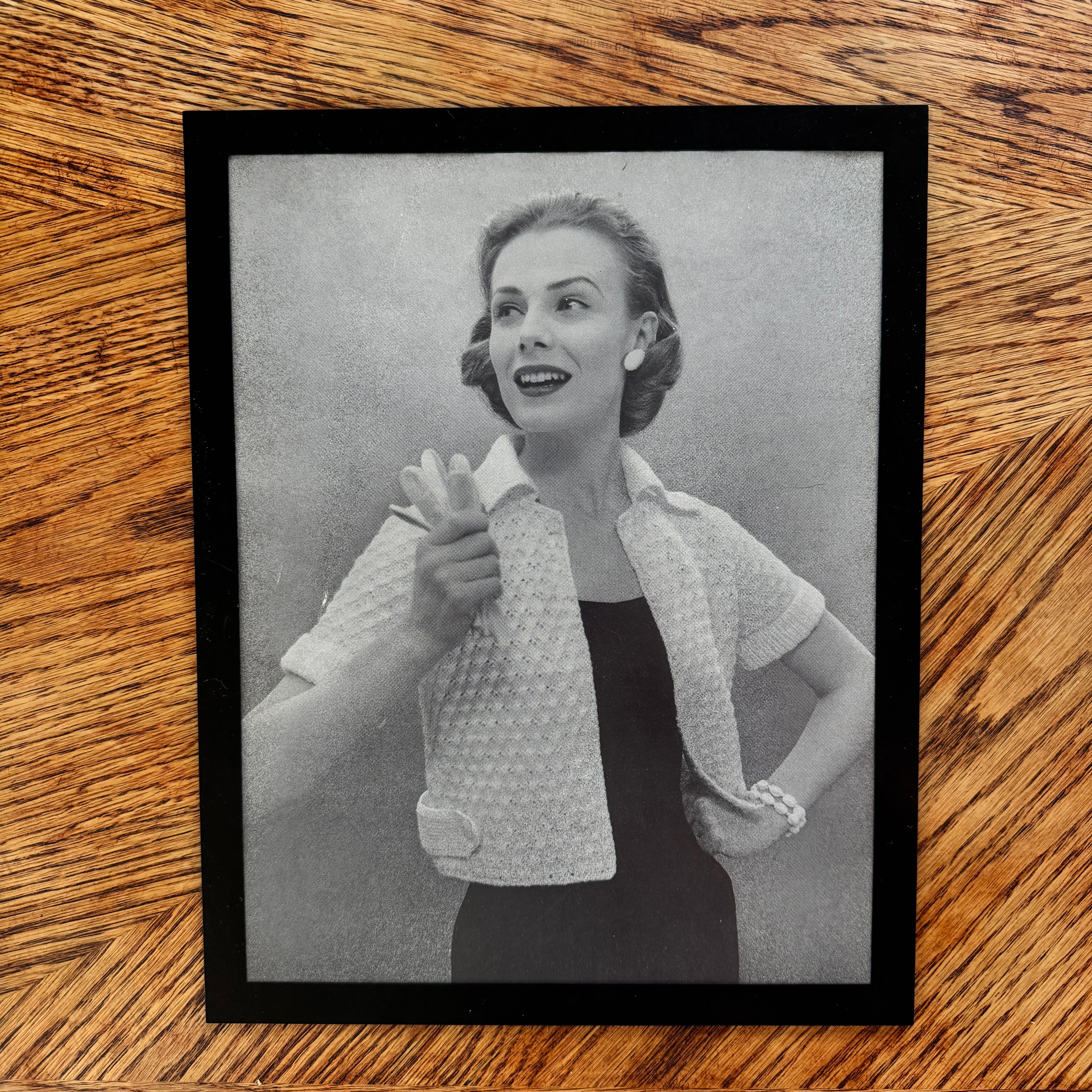 Vintage 1950s Fashion Model Knit Shrug Black and White Photo Print - detail view
