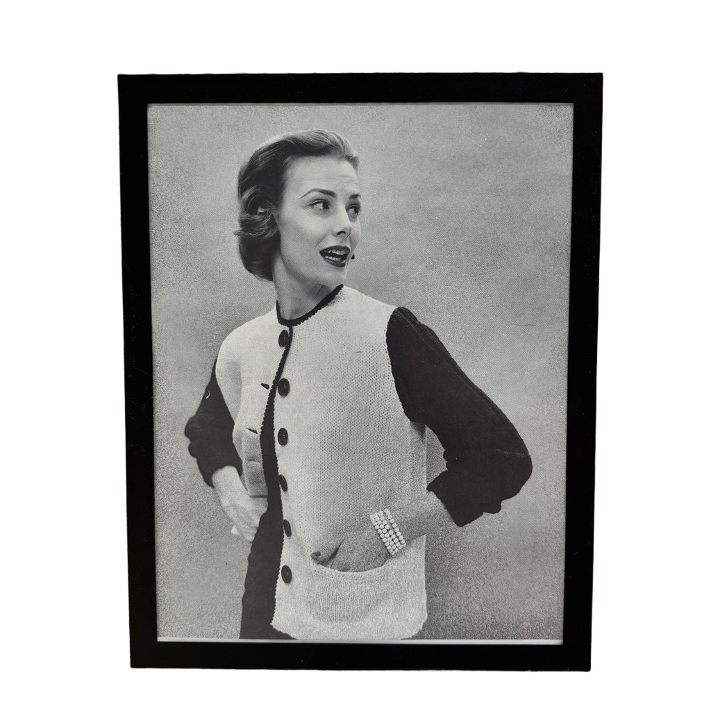 Vintage 1950s Fashion Model Two-Tone Cardigan Black and White Photo Print