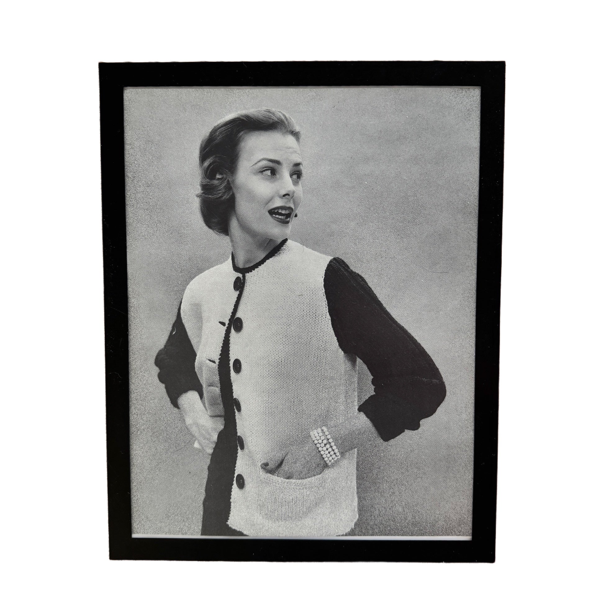 Vintage 1950s Fashion Model Two-Tone Cardigan Black and White Photo Print