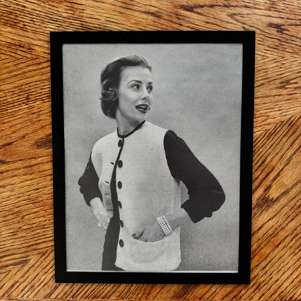 Vintage 1950s Fashion Model Two-Tone Cardigan Black and White Photo Print - detail view