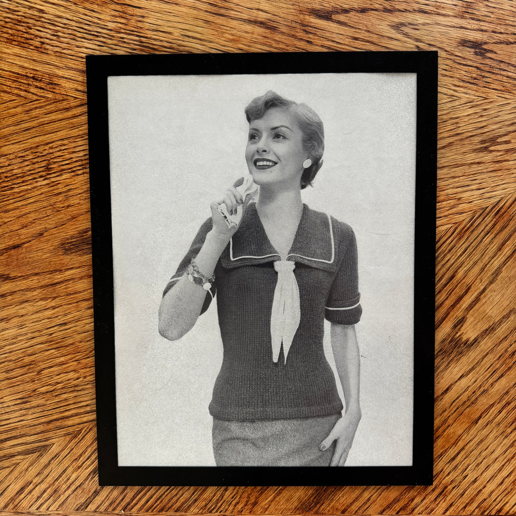 Vintage 1950s Fashion Model Sailor Knit Top Black and White Photo Print - detail view