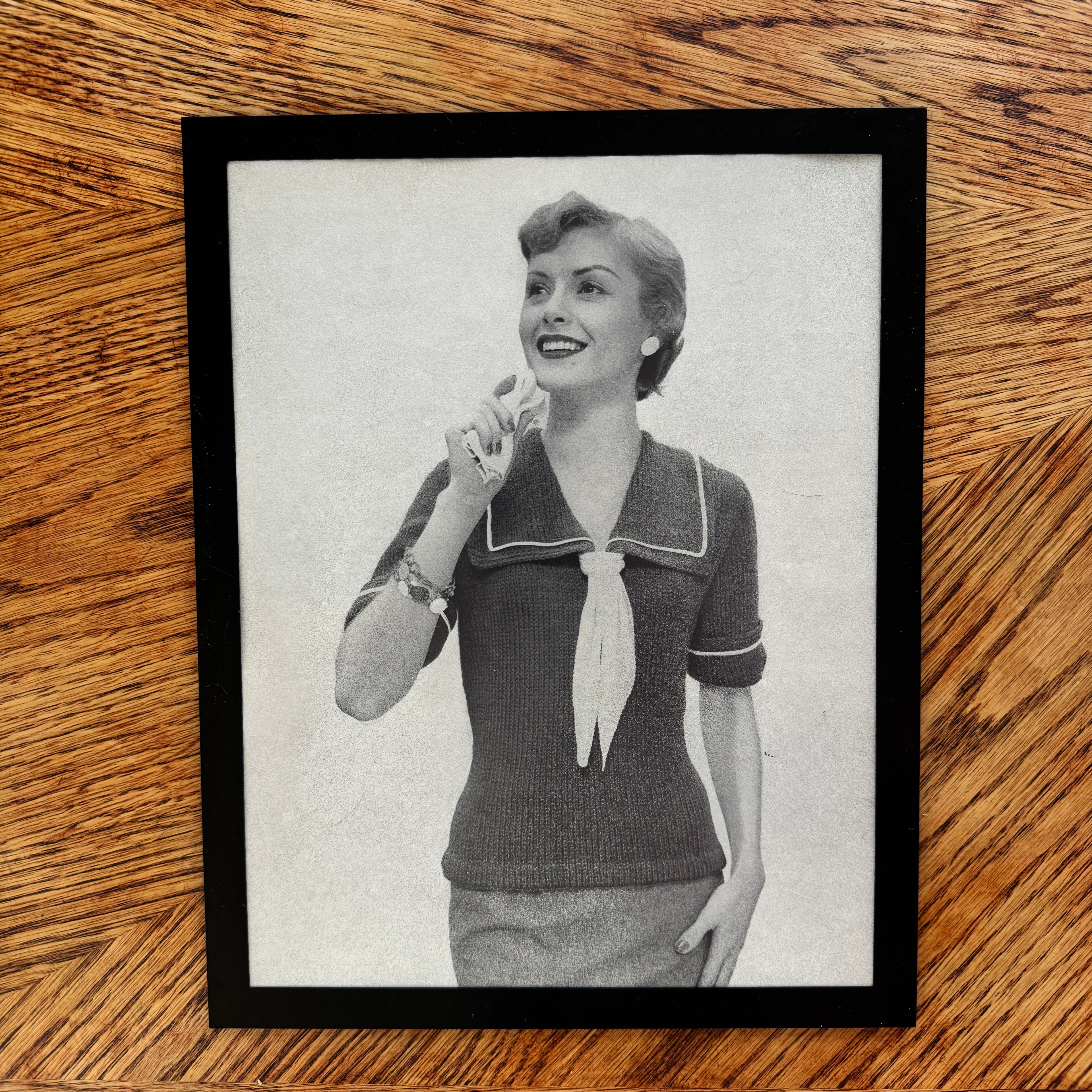 Vintage 1950s Fashion Model Sailor Knit Top Black and White Photo Print - detail view