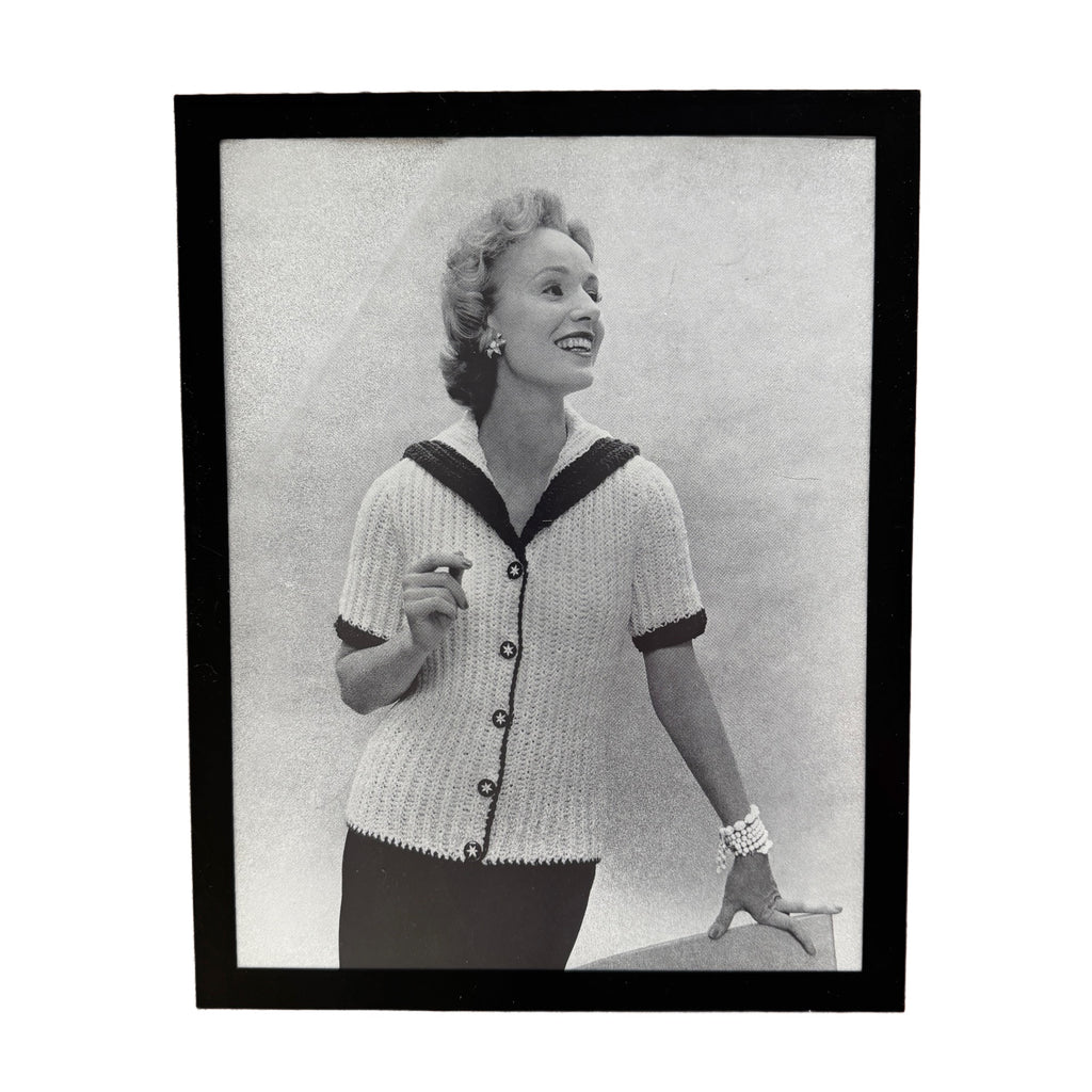 Vintage 1950s Fashion Model Knit Collared Top Black and White Photo Print