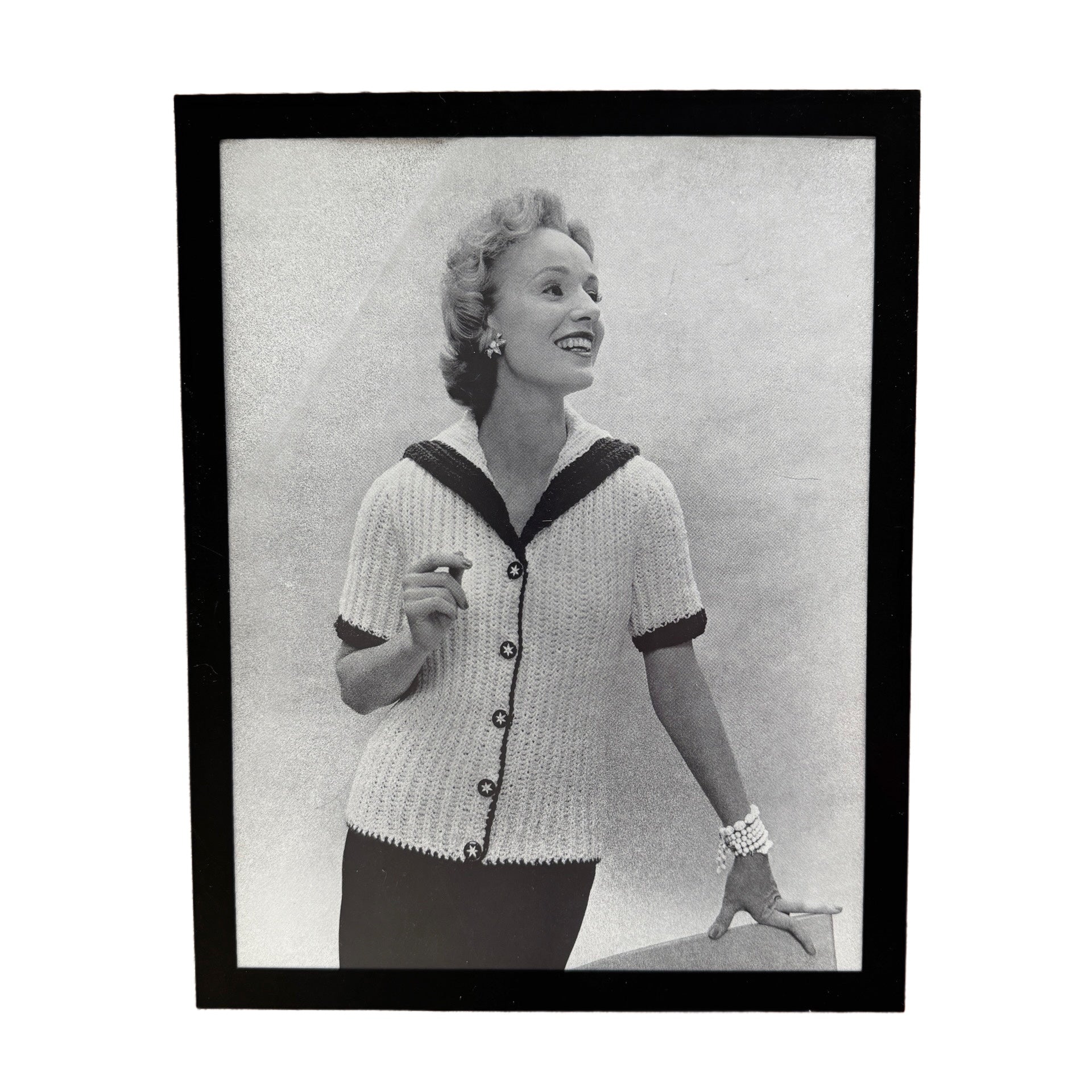 Vintage 1950s Fashion Model Knit Collared Top Black and White Photo Print