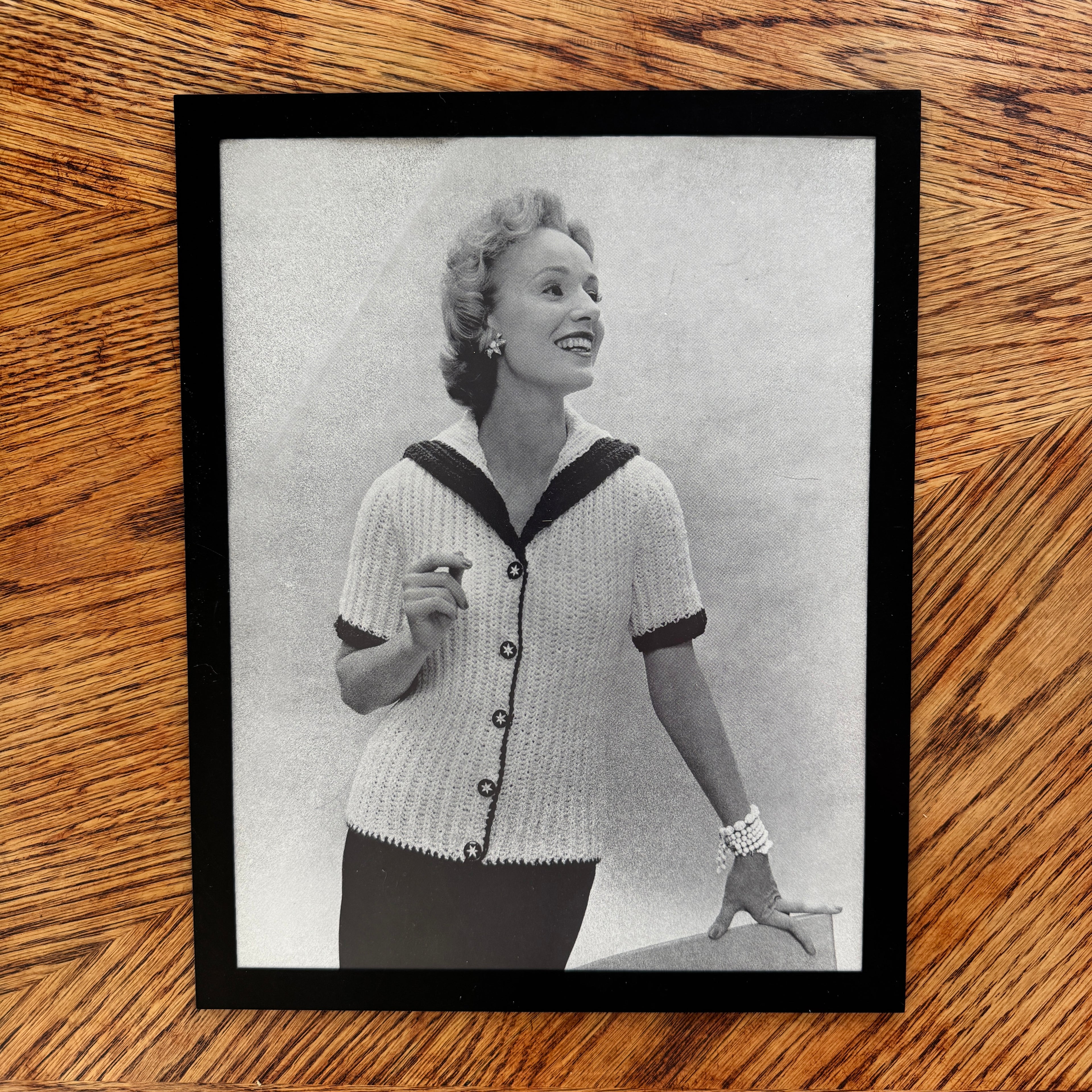 Vintage 1950s Fashion Model Knit Collared Top Black and White Photo Print - detail view