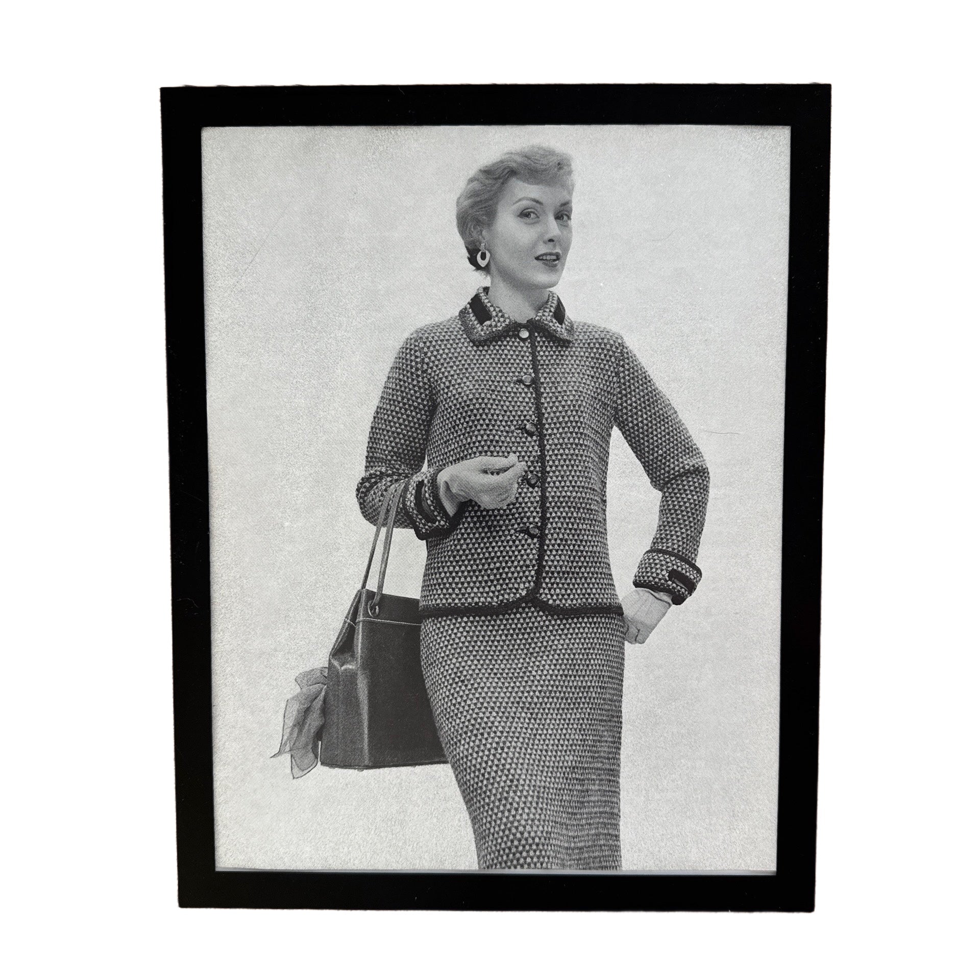 Vintage 1950s Fashion Model Knit Suit Black and White Photo Print