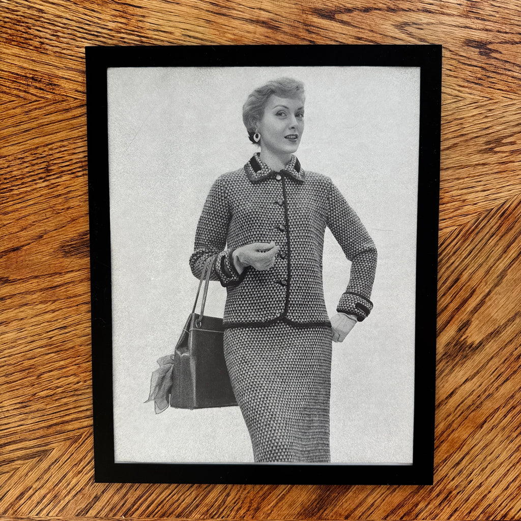 Vintage 1950s Fashion Model Knit Suit Black and White Photo Print - detail view
