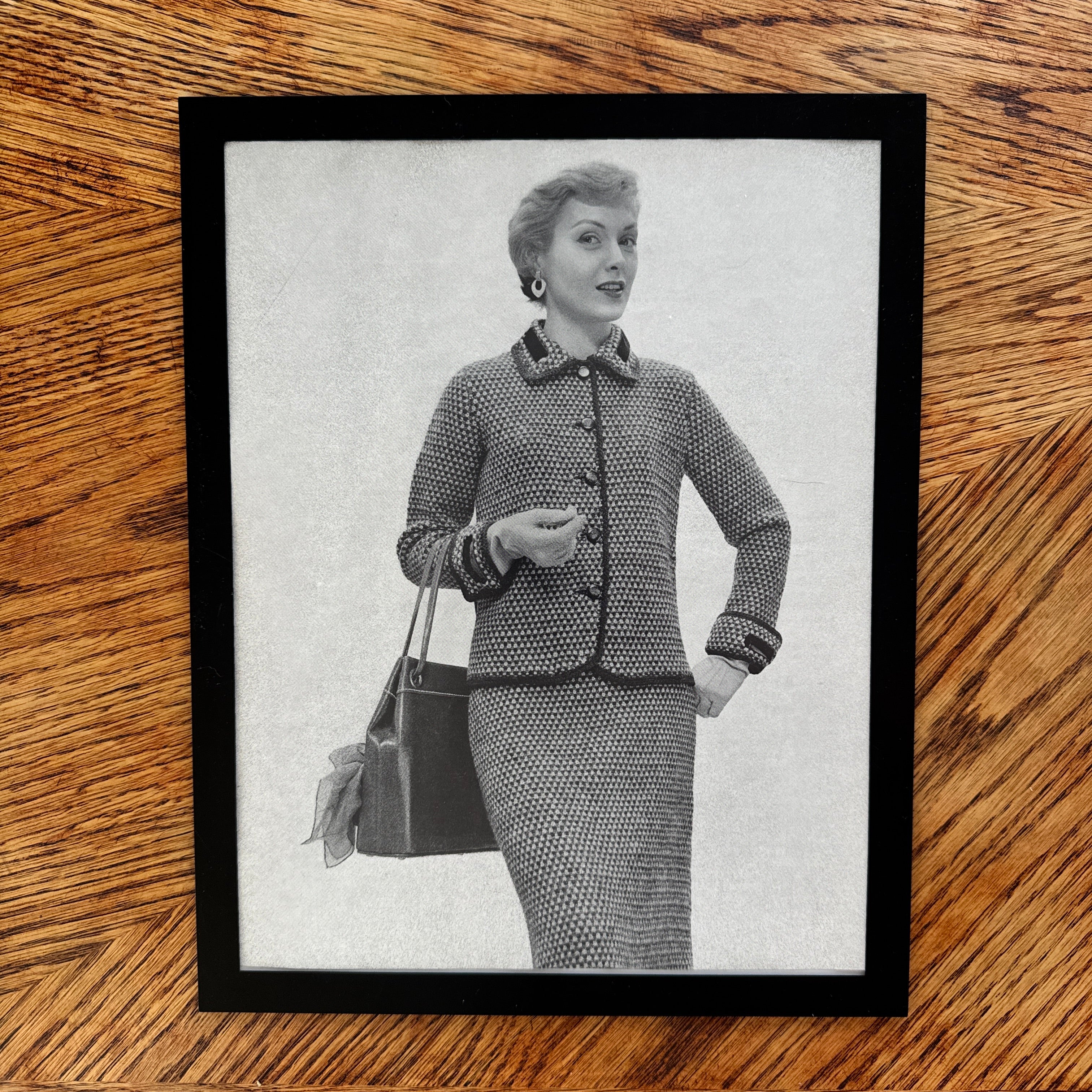 Vintage 1950s Fashion Model Knit Suit Black and White Photo Print - detail view