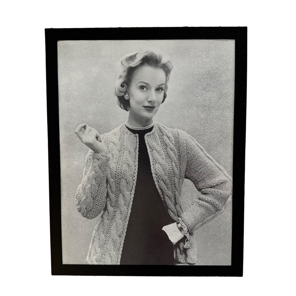 Vintage 1950s Fashion Model Cable Knit Cardigan Black and White Photo Print
