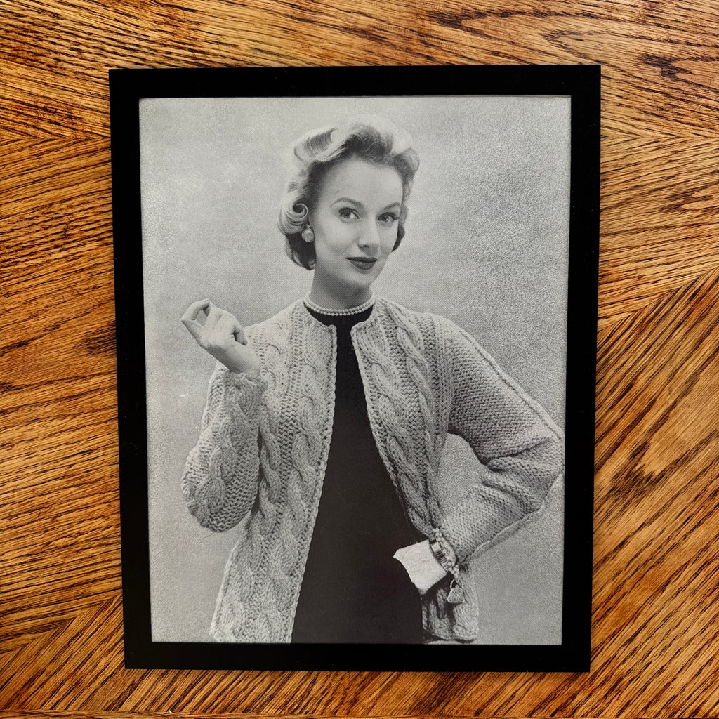 Vintage 1950s Fashion Model Cable Knit Cardigan Black and White Photo Print - detail view