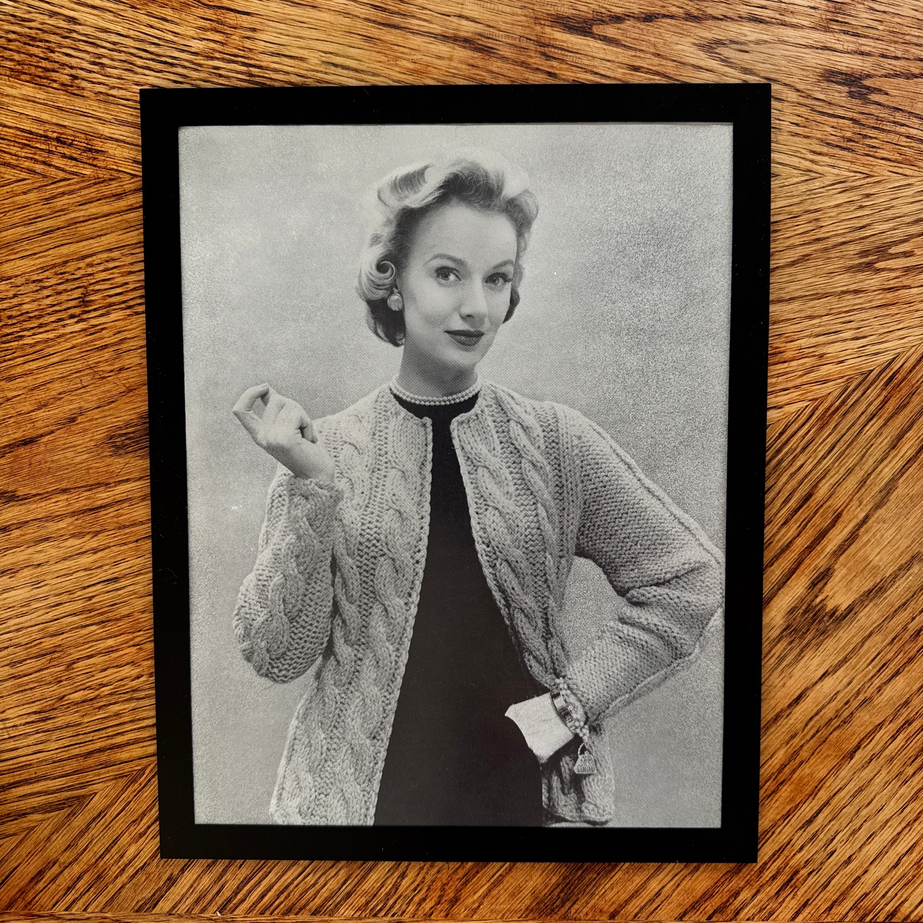 Vintage 1950s Fashion Model Cable Knit Cardigan Black and White Photo Print - detail view