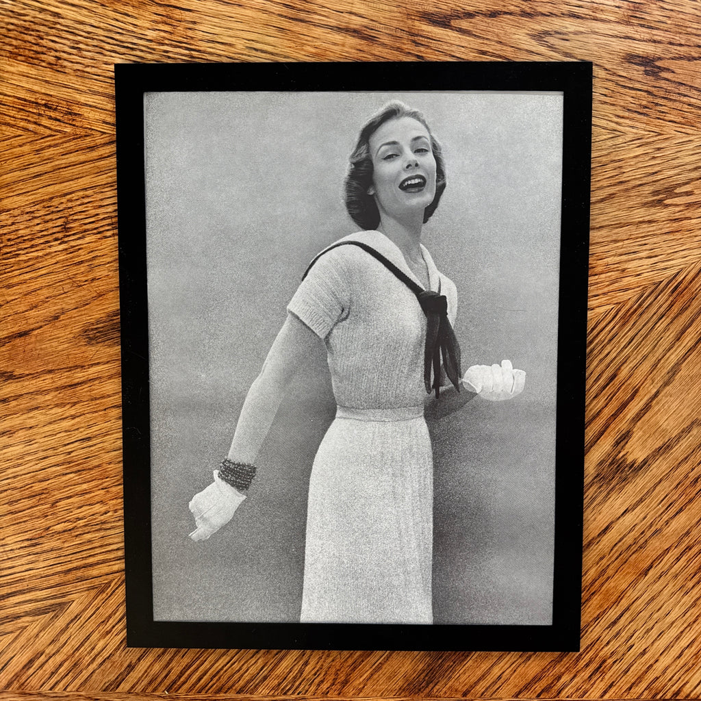 Vintage 1950s Fashion Model Knit Dress Gloves Black and White Photo Print - detail view