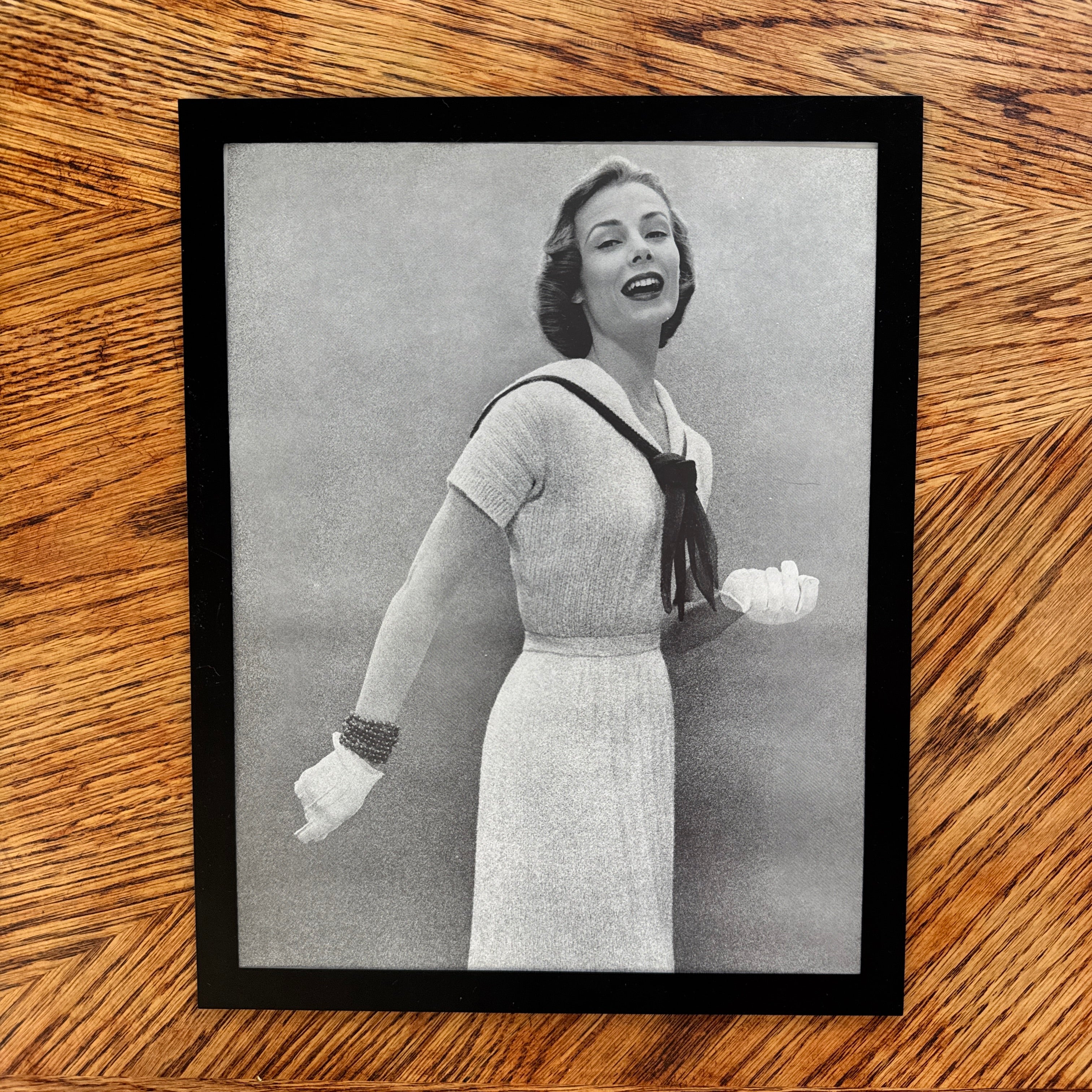 Vintage 1950s Fashion Model Knit Dress Gloves Black and White Photo Print - detail view