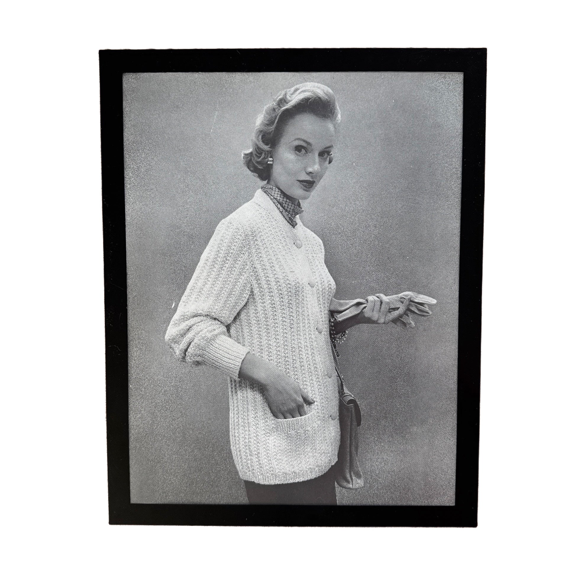 Vintage 1950s Fashion Model Knit Cardigan Gloves Black and White Photo Print