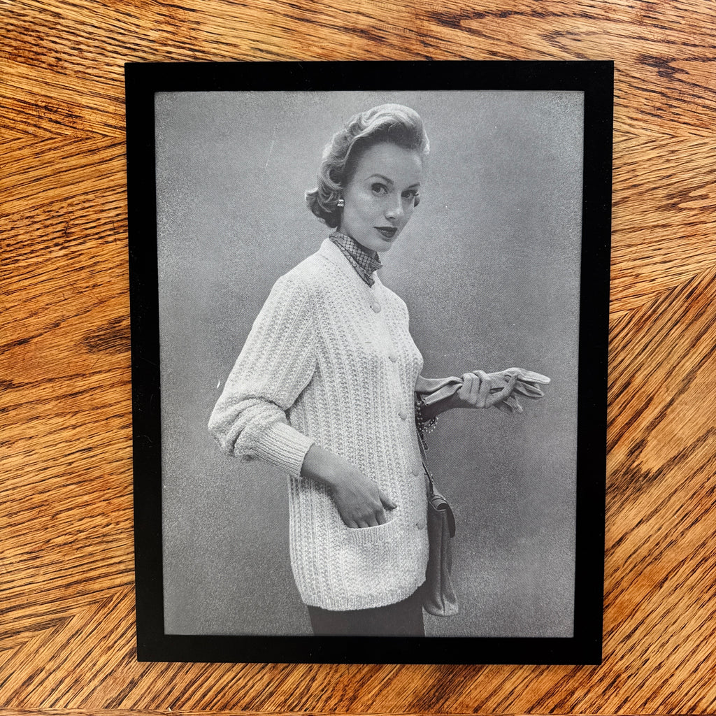 Vintage 1950s Fashion Model Knit Cardigan Gloves Black and White Photo Print - detail view