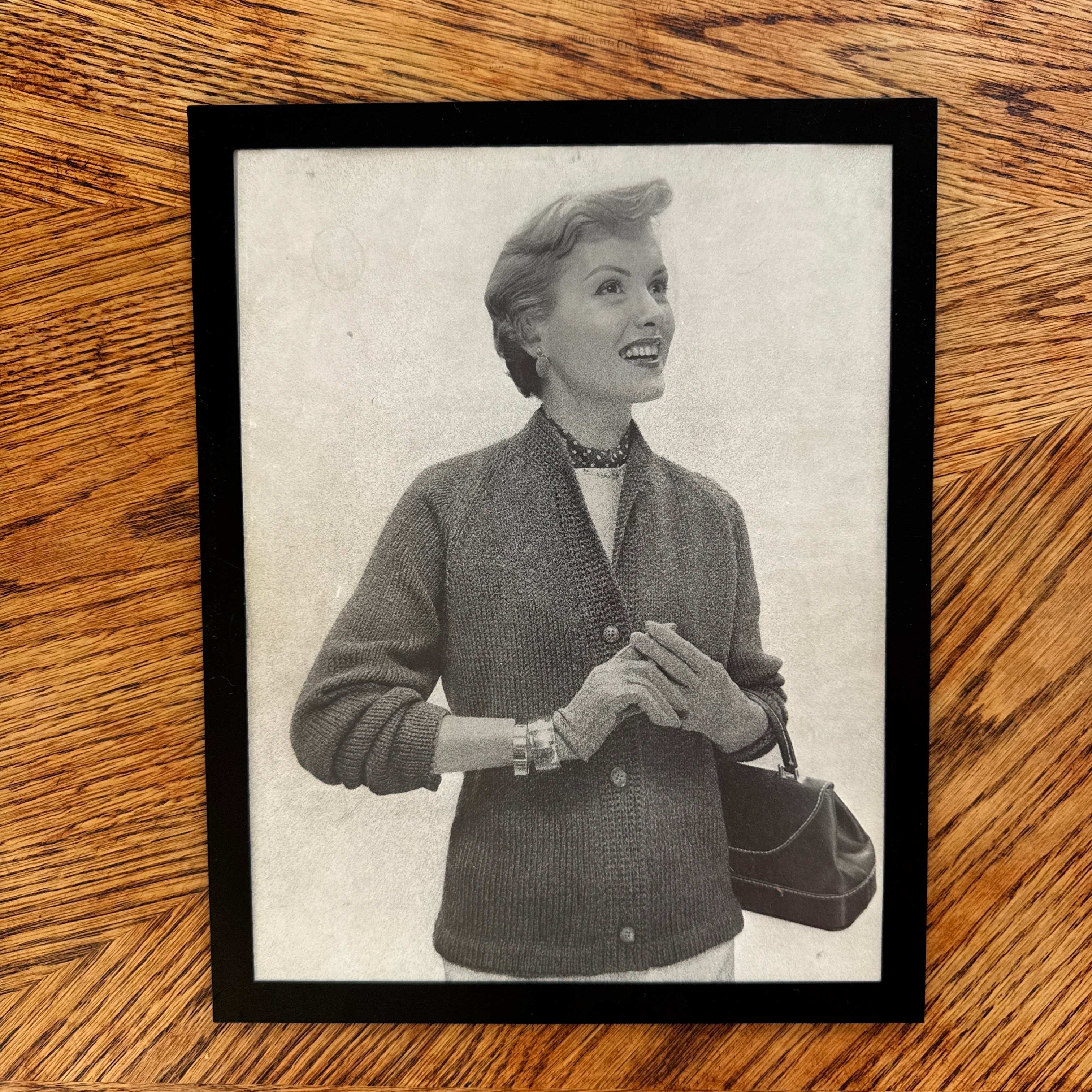 Vintage 1950s Fashion Model Knit Blazer Black and White Photo Print - detail view