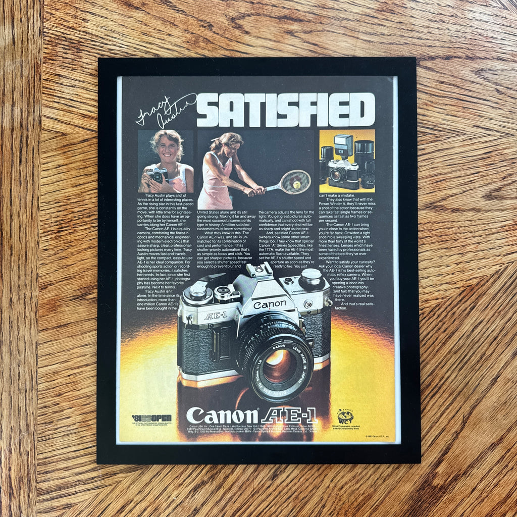 Canon AE-1 Satisfied Tracy Austin Vintage 1980 Camera Ad Print - detail view