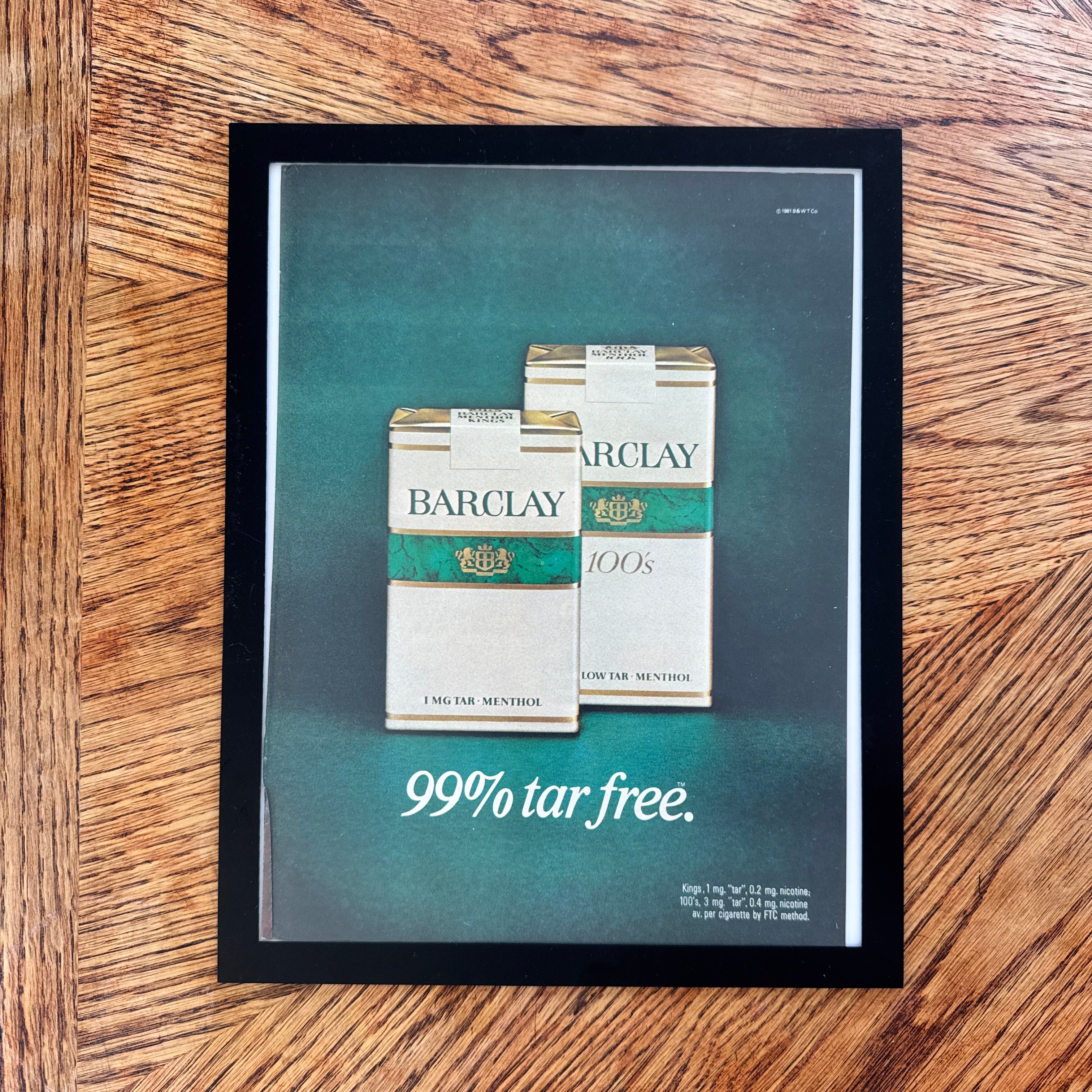 Barclay Cigarettes 99% Tar Free Vintage 1981 Cigarette Ad Print - detail view