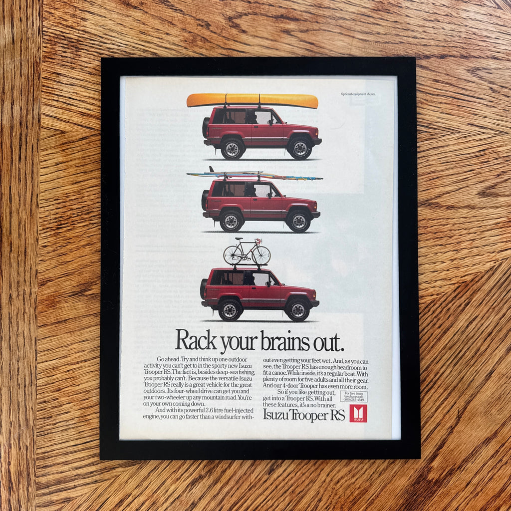 Isuzu Trooper RS Rack Your Brains Out Vintage 80s SUV Ad Print - detail view