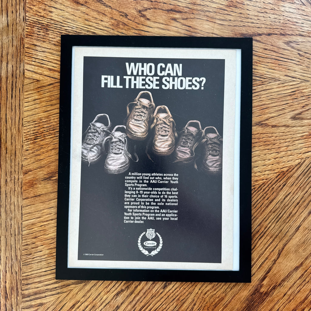 Carrier AAU Youth Sports Who Can Fill These Shoes Vintage 1989 Ad Print - detail view