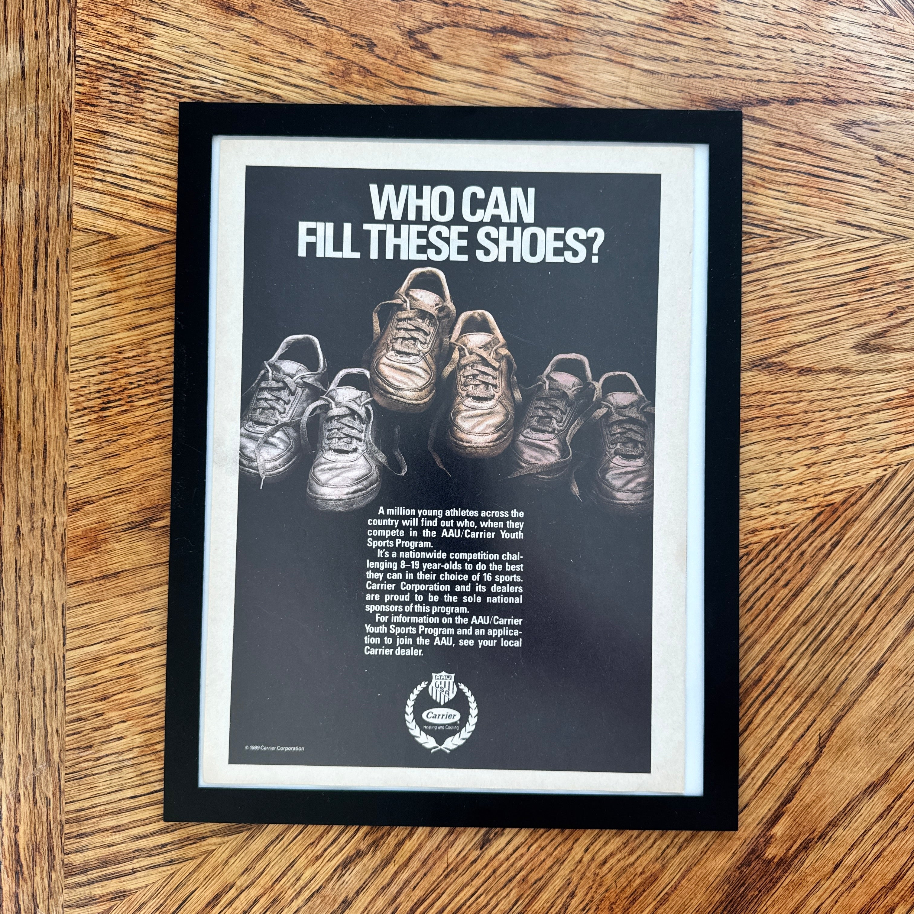 Carrier AAU Youth Sports Who Can Fill These Shoes Vintage 1989 Ad Print - detail view