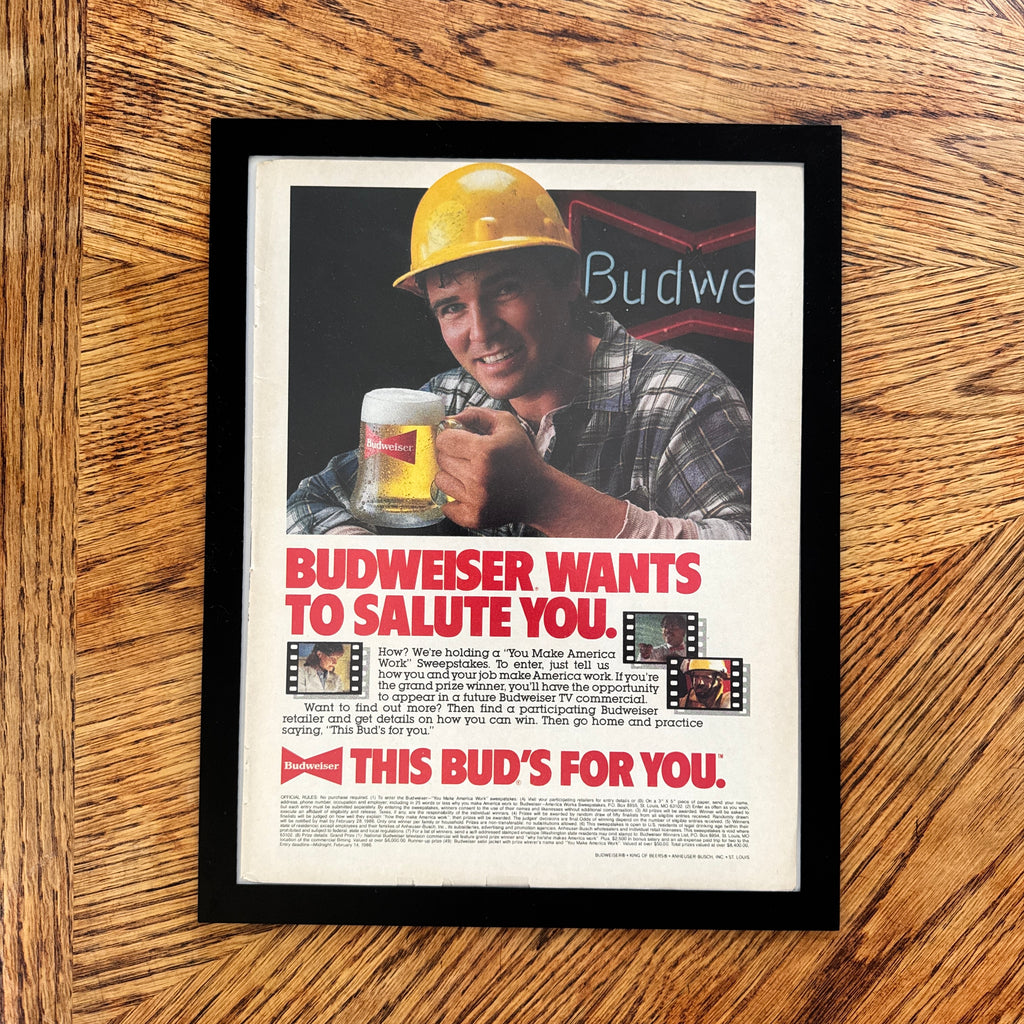 Budweiser This Bud's For You Vintage 1986 Beer Ad Print Bar Wall Art - detail view