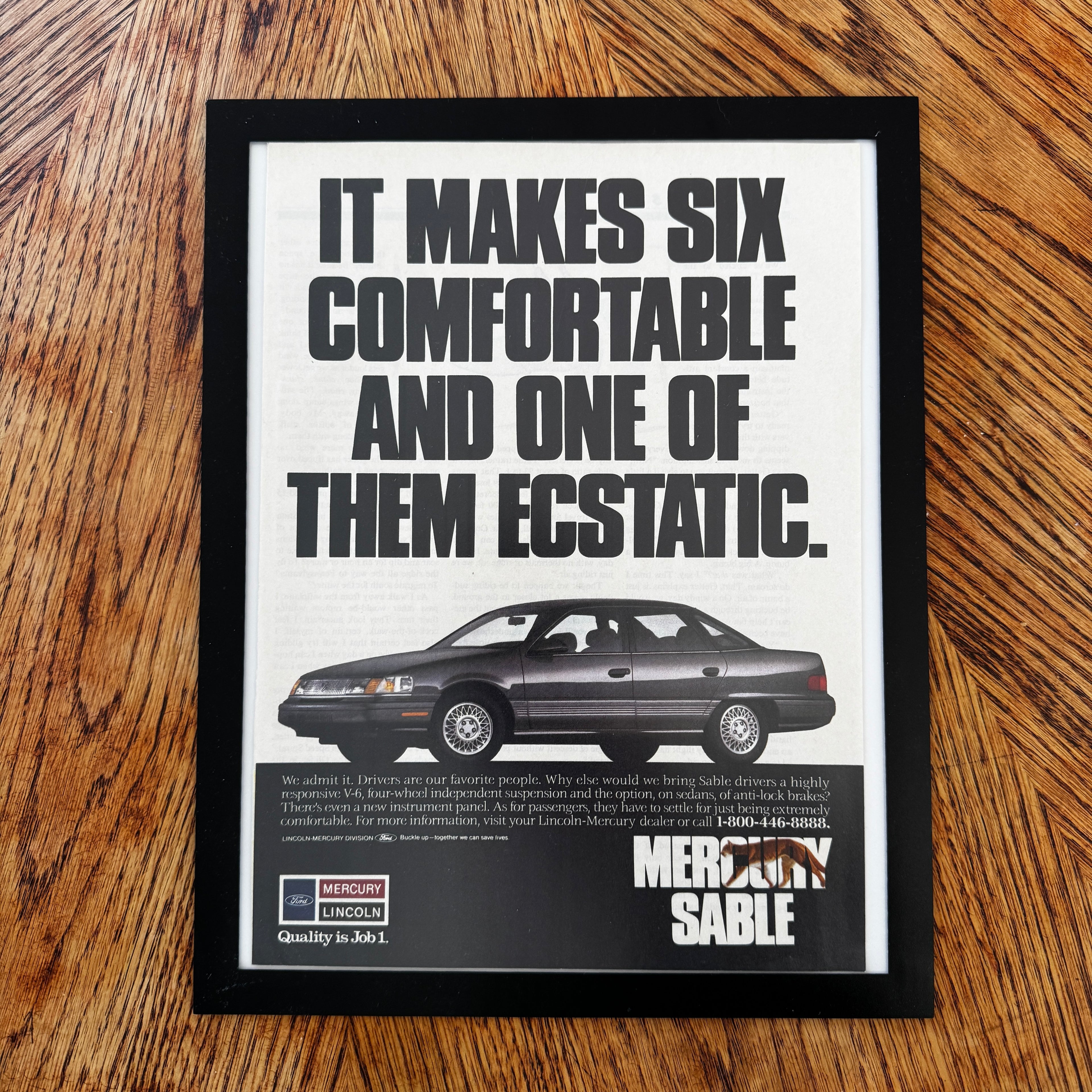 Mercury Sable It Makes Six Comfortable Car Framed Vintage Magazine Ad
