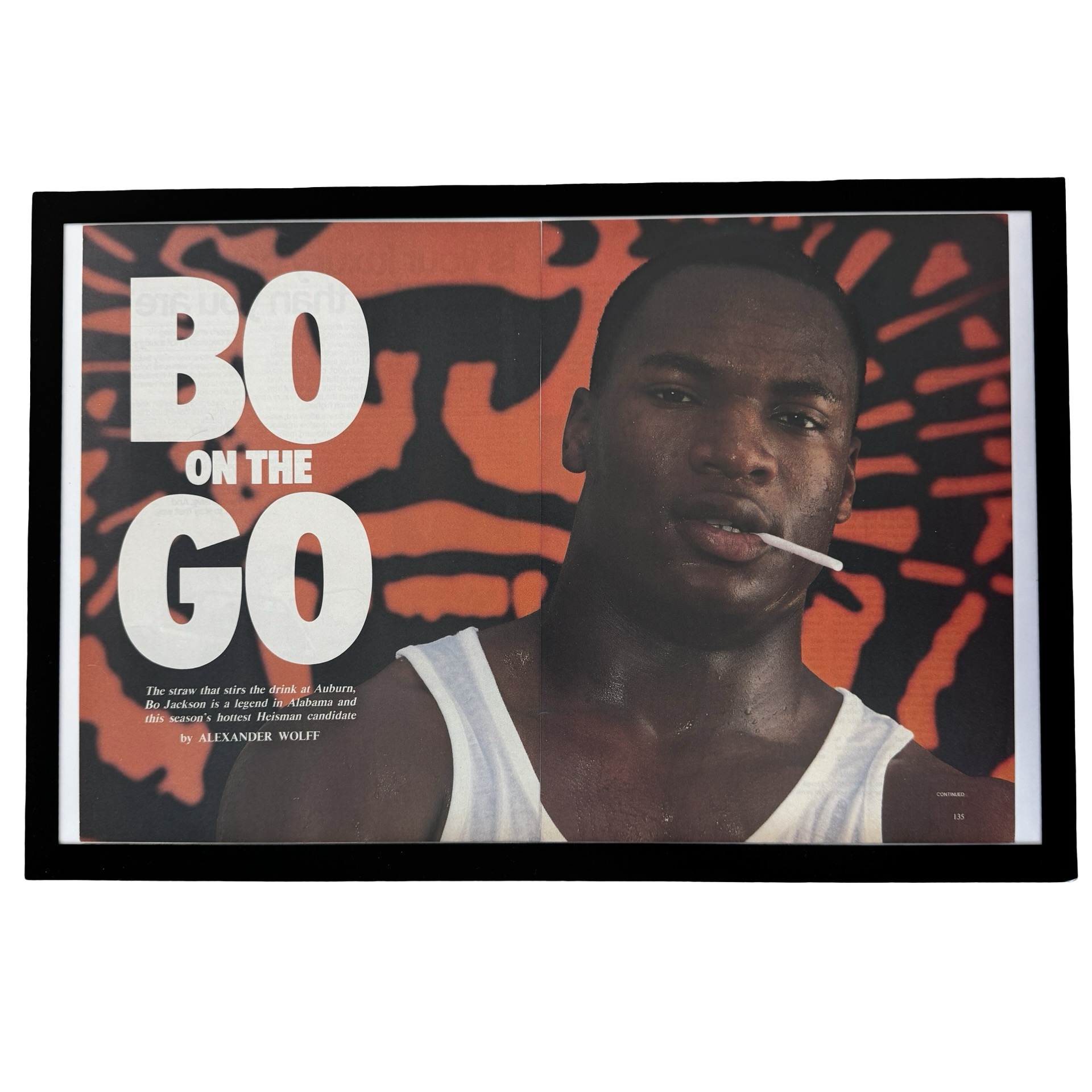 Framed vintage Bo Jackson Auburn Sports Illustrated double page magazine print on white background