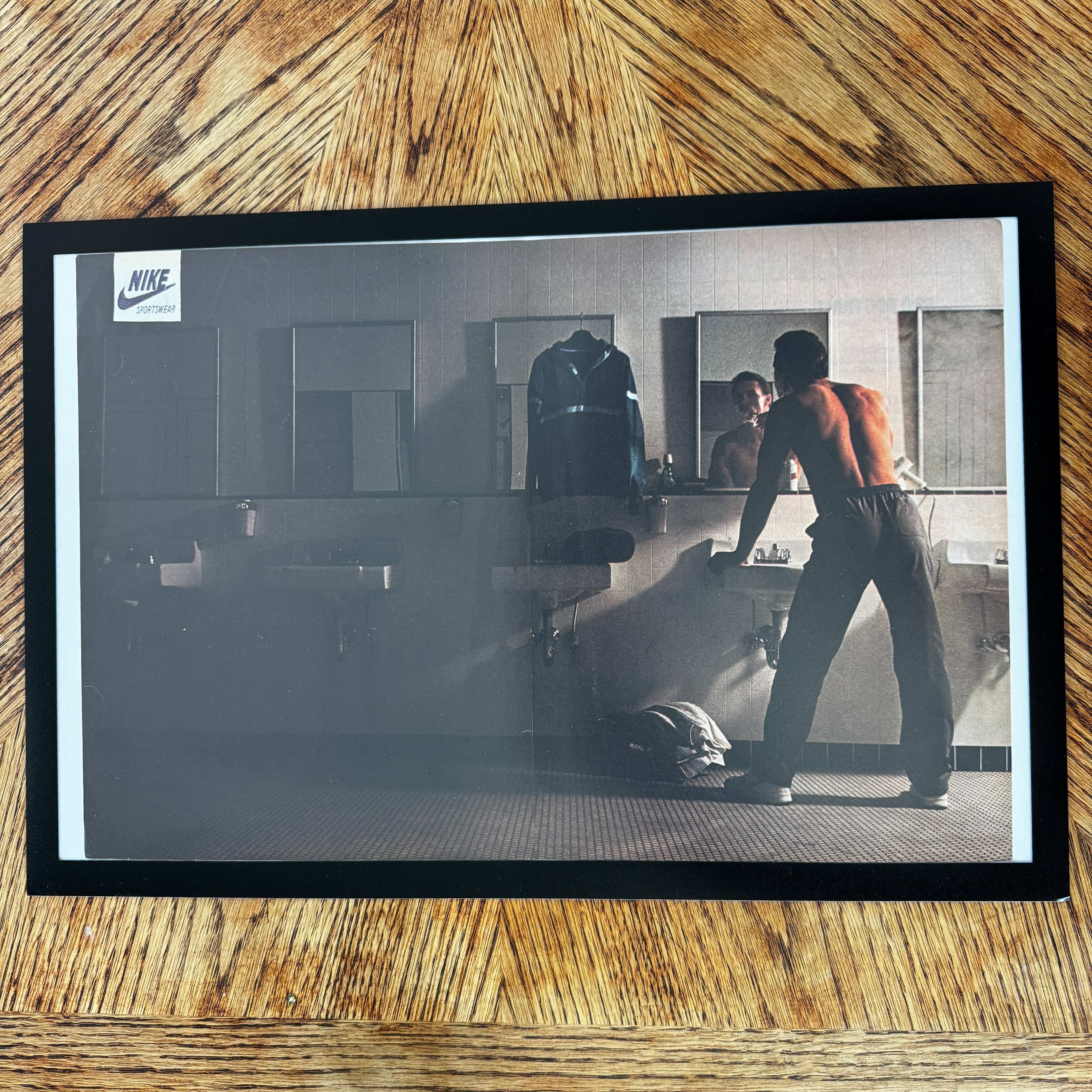 Framed vintage Nike Sportswear locker room double page magazine ad