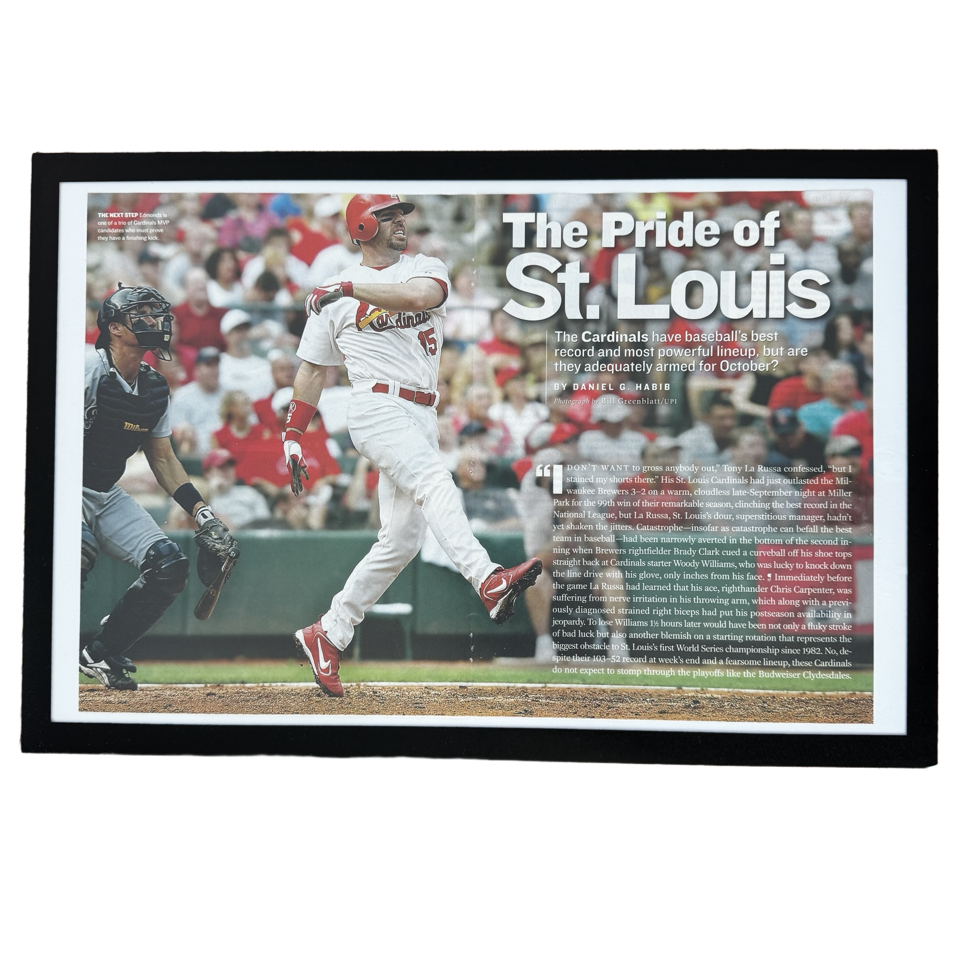 Framed vintage St Louis Cardinals Sports Illustrated double page magazine print on white background