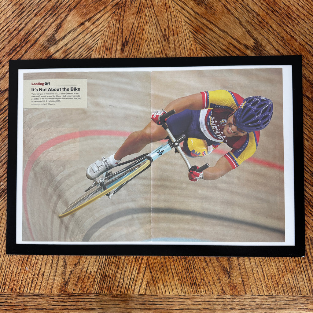 Framed vintage Paralympic track cycling Sports Illustrated double page magazine print