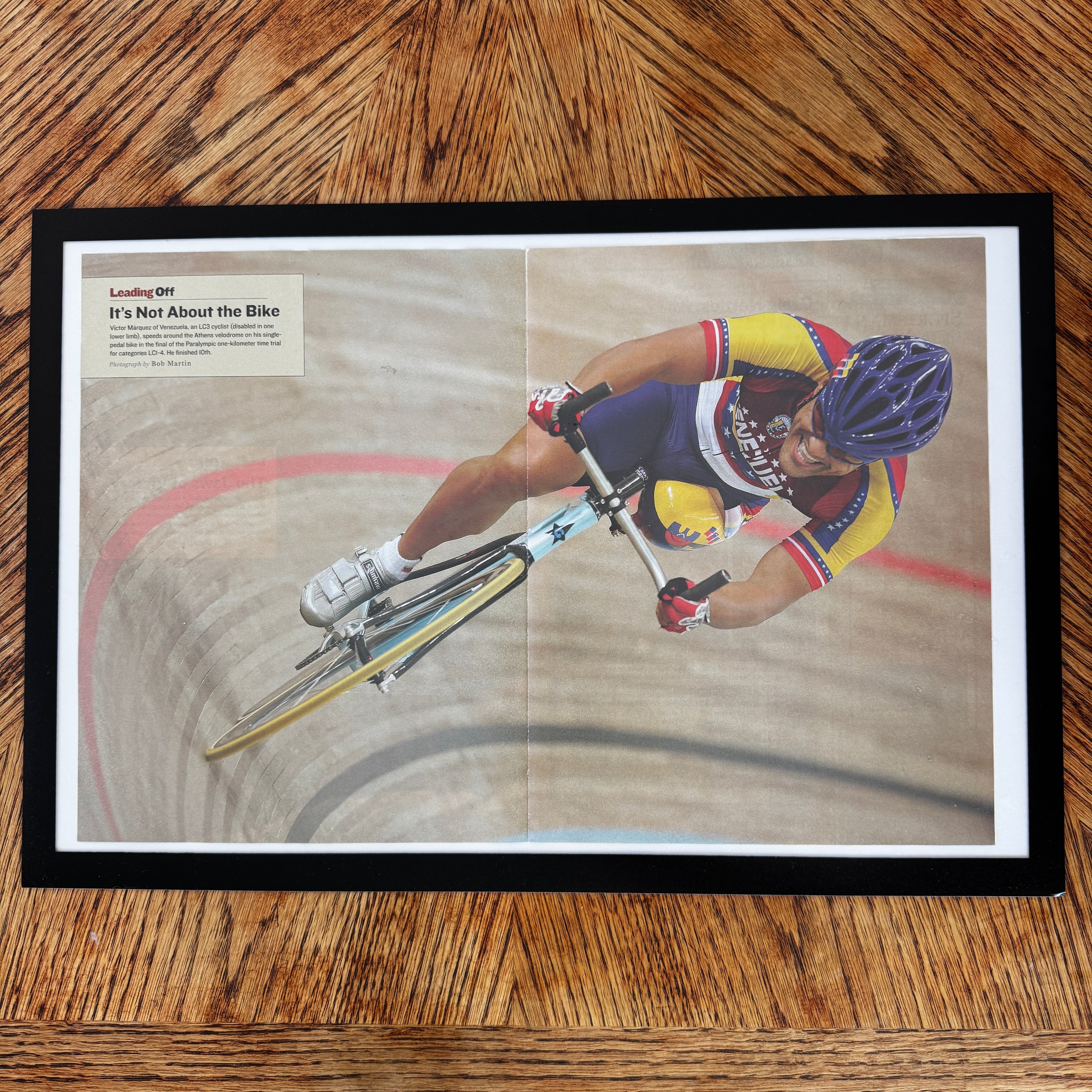 Framed vintage Paralympic track cycling Sports Illustrated double page magazine print