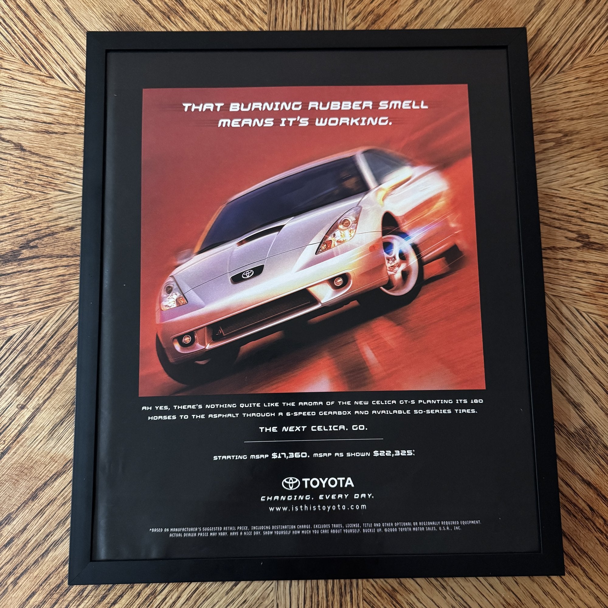 Vintage Toyota Celica Burning Rubber Car Ad 10x12 Framed Magazine Print