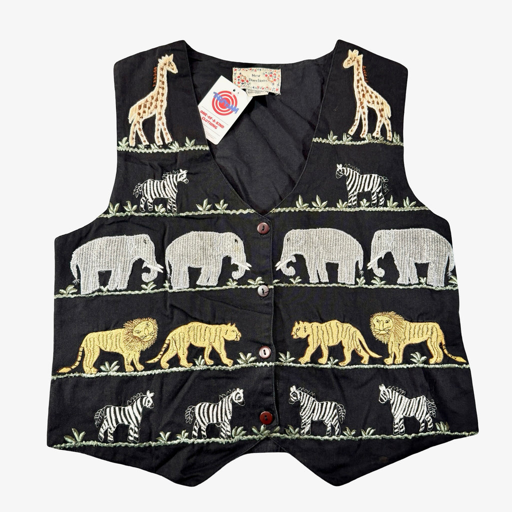 Vintage New Directions Safari Animal Embroidered Button Vest Black Womens M