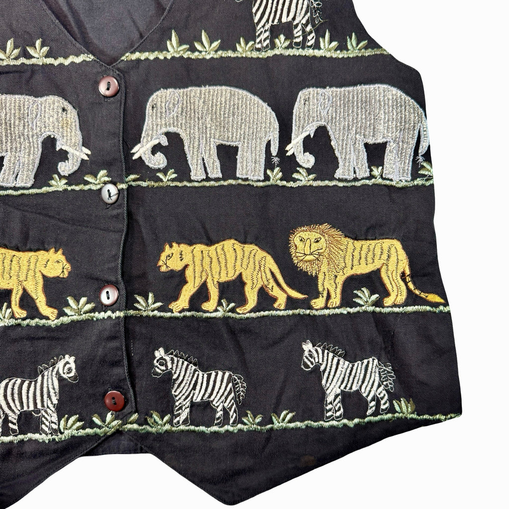 Vintage New Directions Safari Animal Embroidered Button Vest Black Womens M