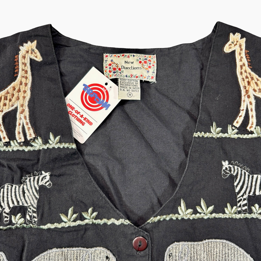 Vintage New Directions Safari Animal Embroidered Button Vest Black Womens M