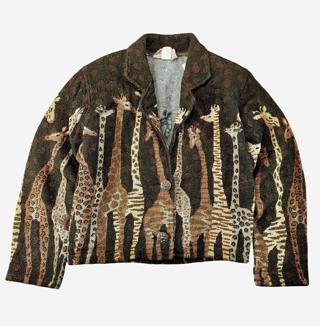 Vintage Painted Pony Safari Animal Tapestry Knit Cardigan Brown Made in USA S