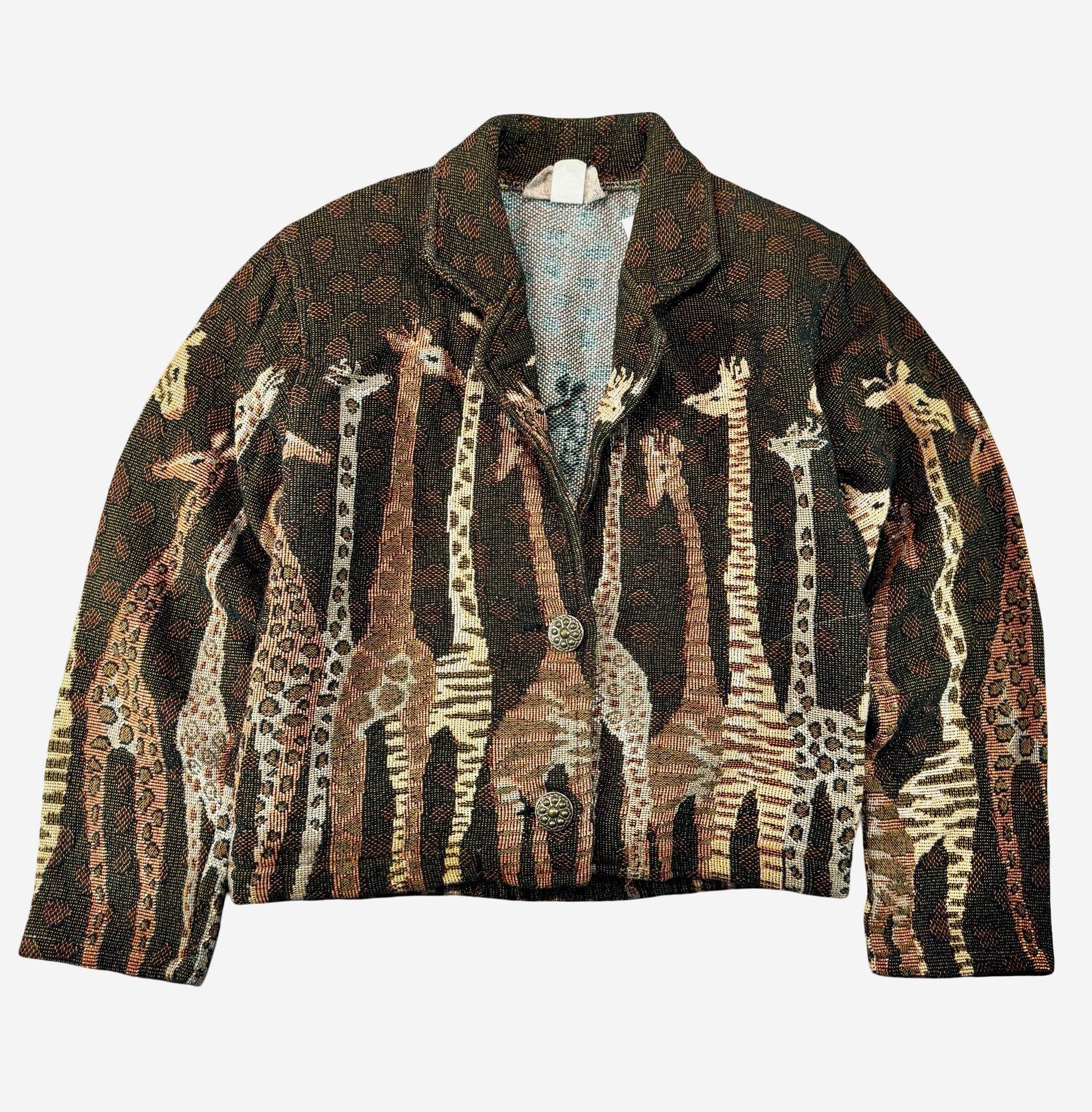 Vintage Painted Pony Safari Animal Tapestry Knit Cardigan Brown Made in USA S