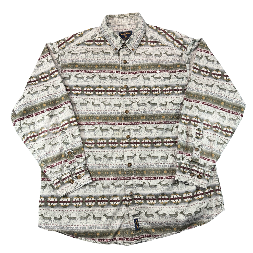 Vintage Woolrich Deer Southwestern Aztec Print Chamois Shirt Cream Mens XL