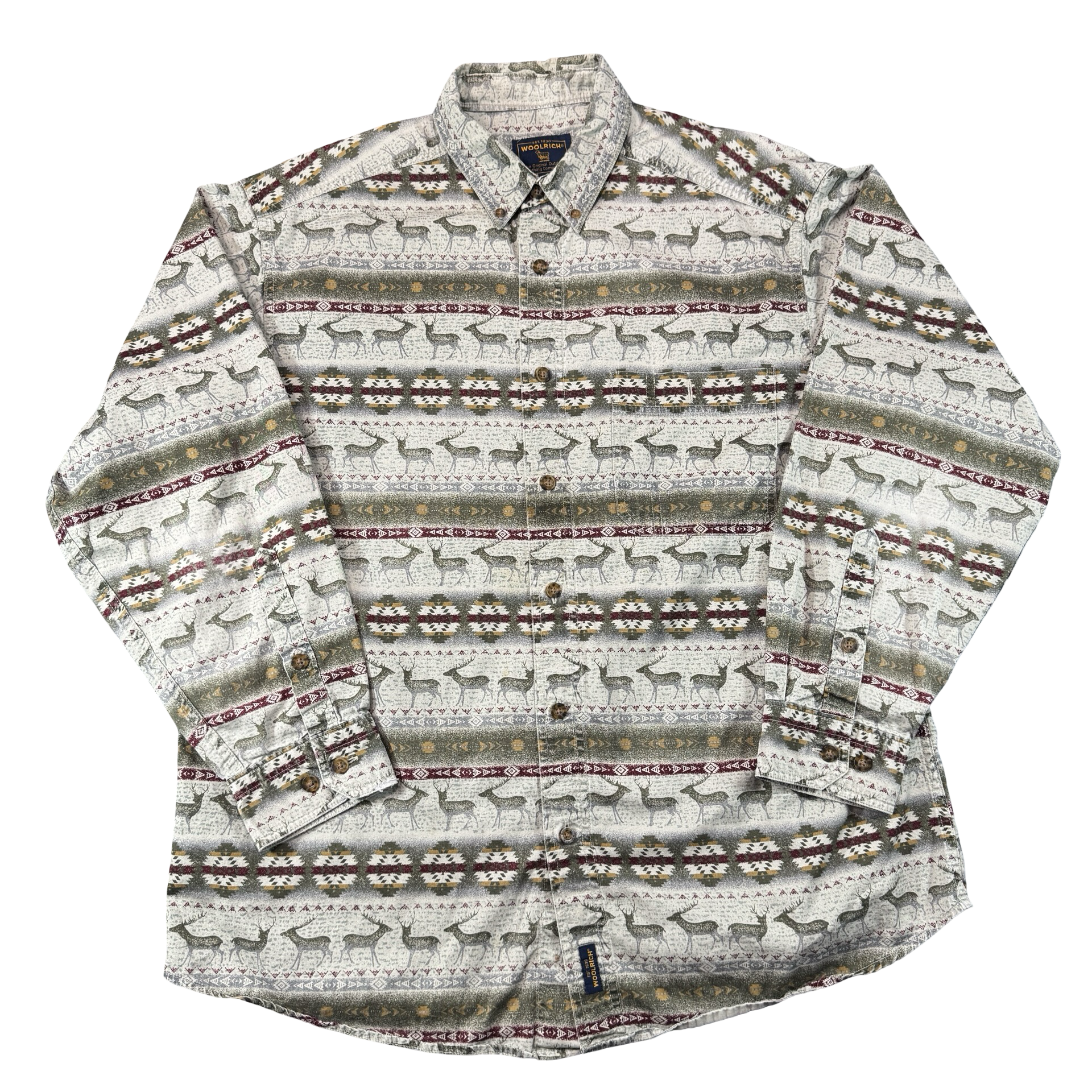 Vintage Woolrich Deer Southwestern Aztec Print Chamois Shirt Cream Mens XL