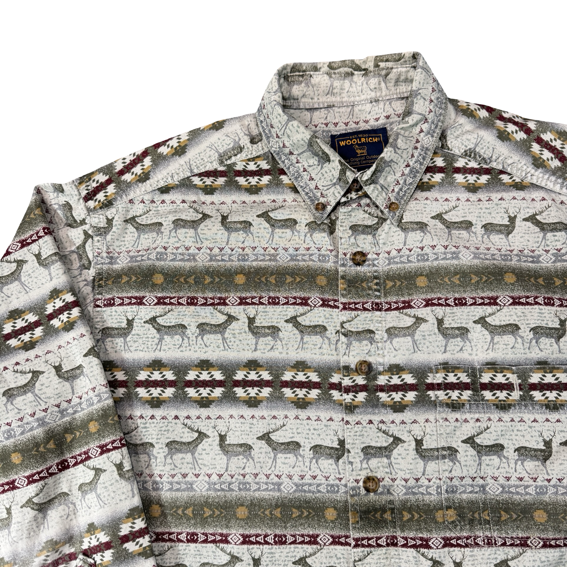 Vintage Woolrich Deer Southwestern Aztec Print Chamois Shirt Cream Mens XL