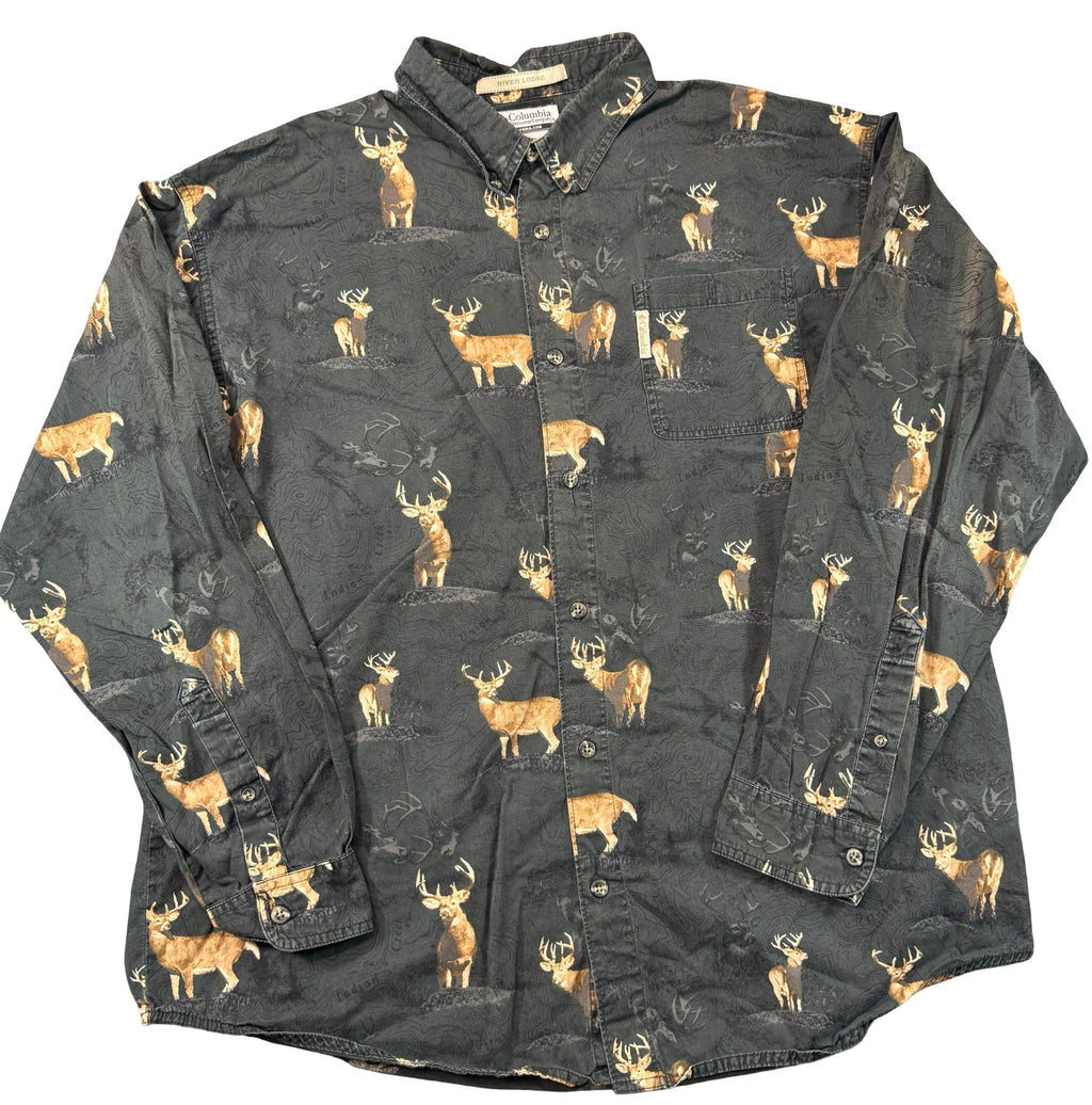Columbia River Lodge Whitetail Deer Topo Map Button Up Shirt Charcoal Mens XL