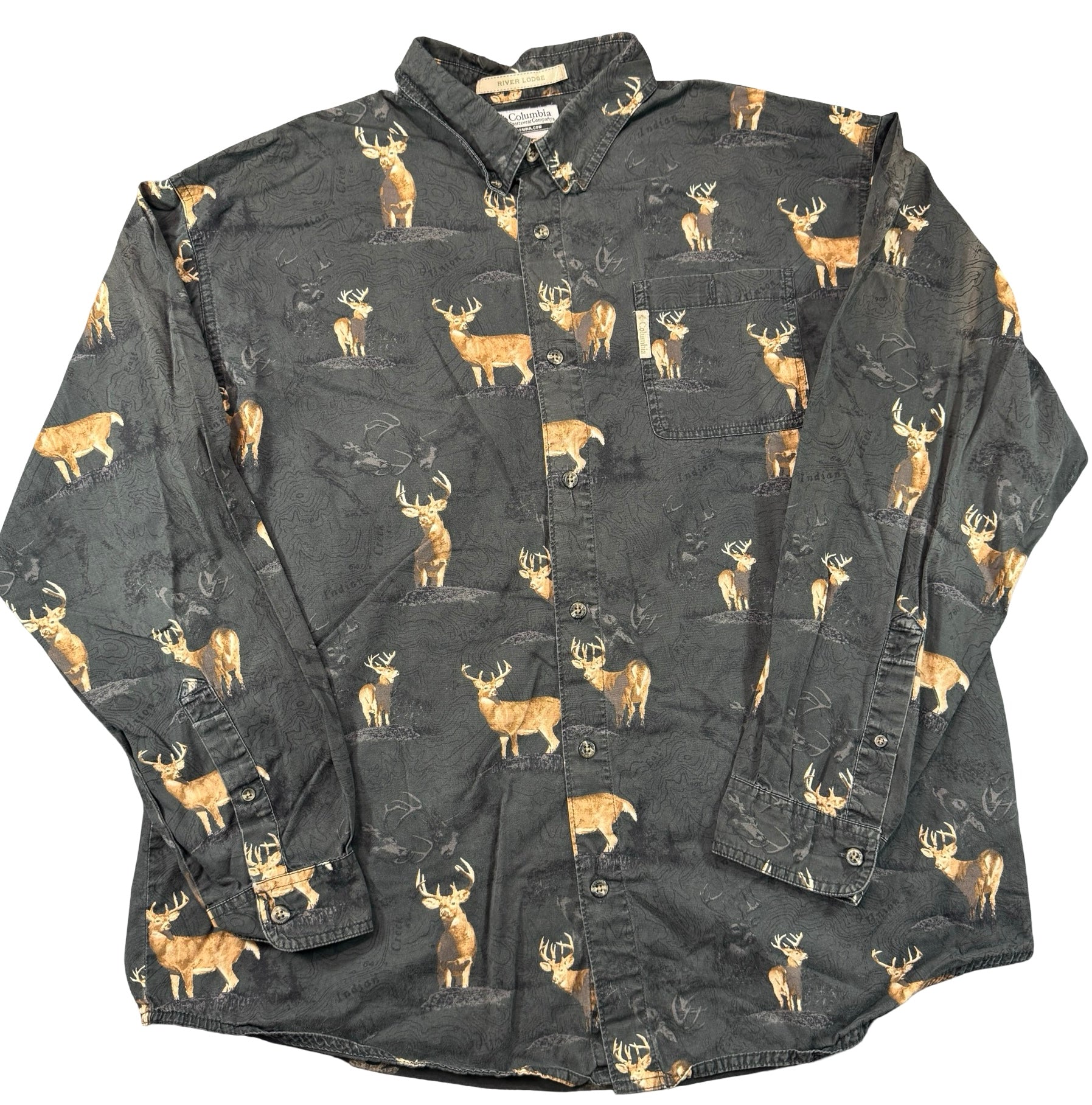 Columbia River Lodge Whitetail Deer Topo Map Button Up Shirt Charcoal Mens XL